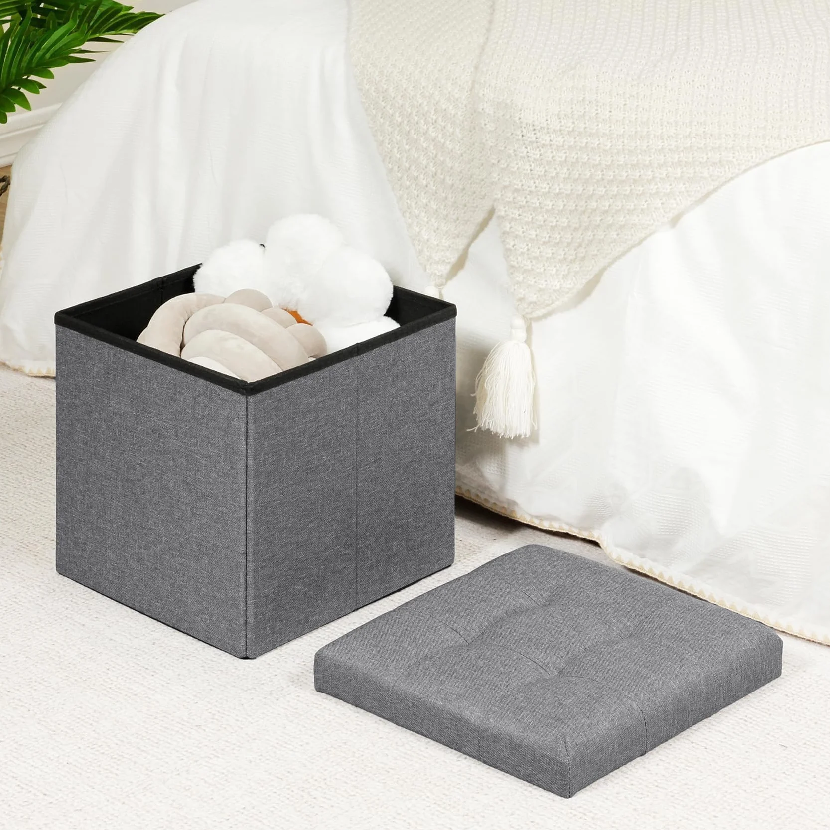 Bonlife taboret z miejscem do przechowywania, składana ławka do siedzenia, skrzynia do przechowywania, puf, schowek, organizer do łóżka, kostka do siedzenia, szary, 32 x 32 x 32 cm