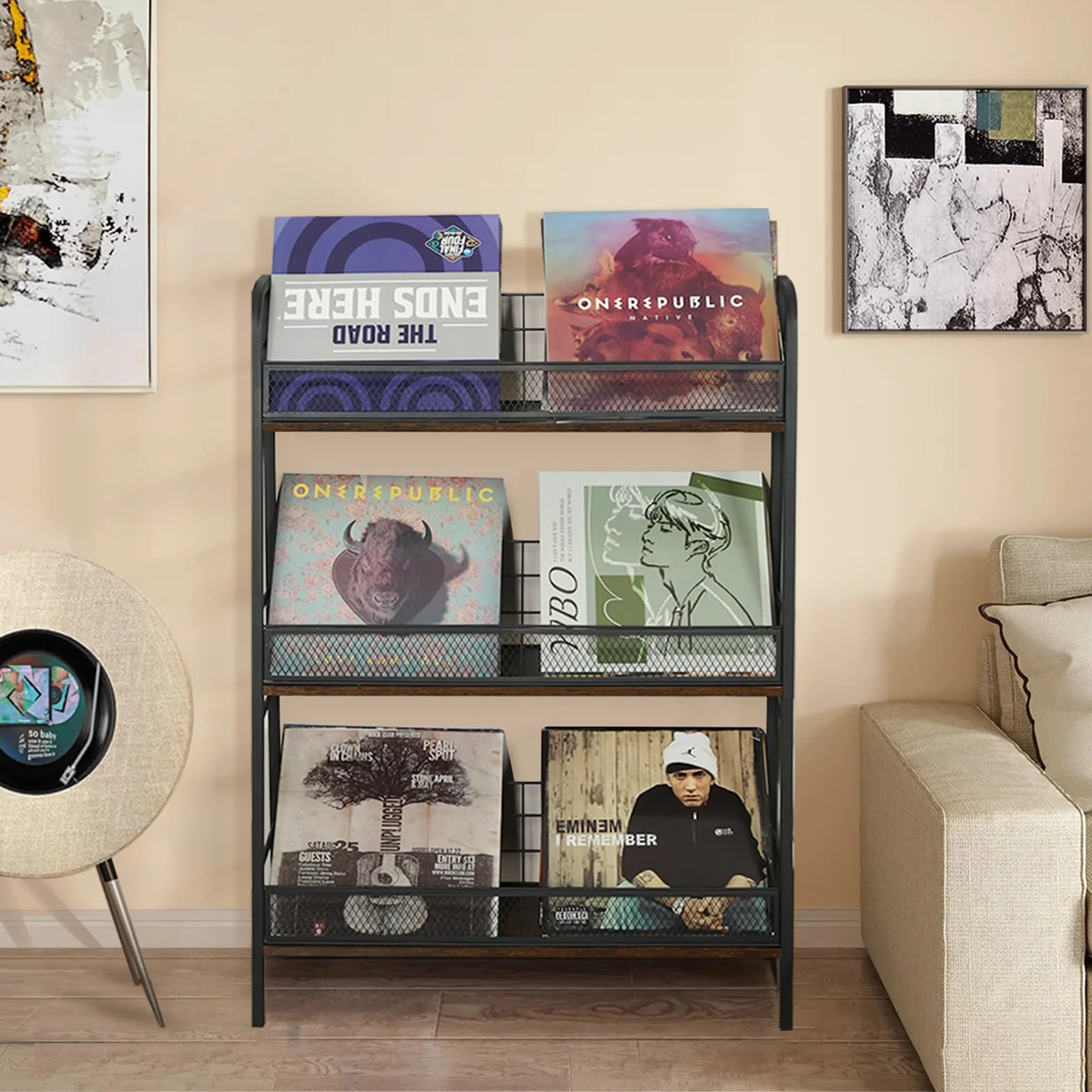HZE 3-poziomowy regał na płyty gramofonowe, do przechowywania około 150 albumów, stojak na płyty gramofonowe, nadaje się do płyt winylowych LP