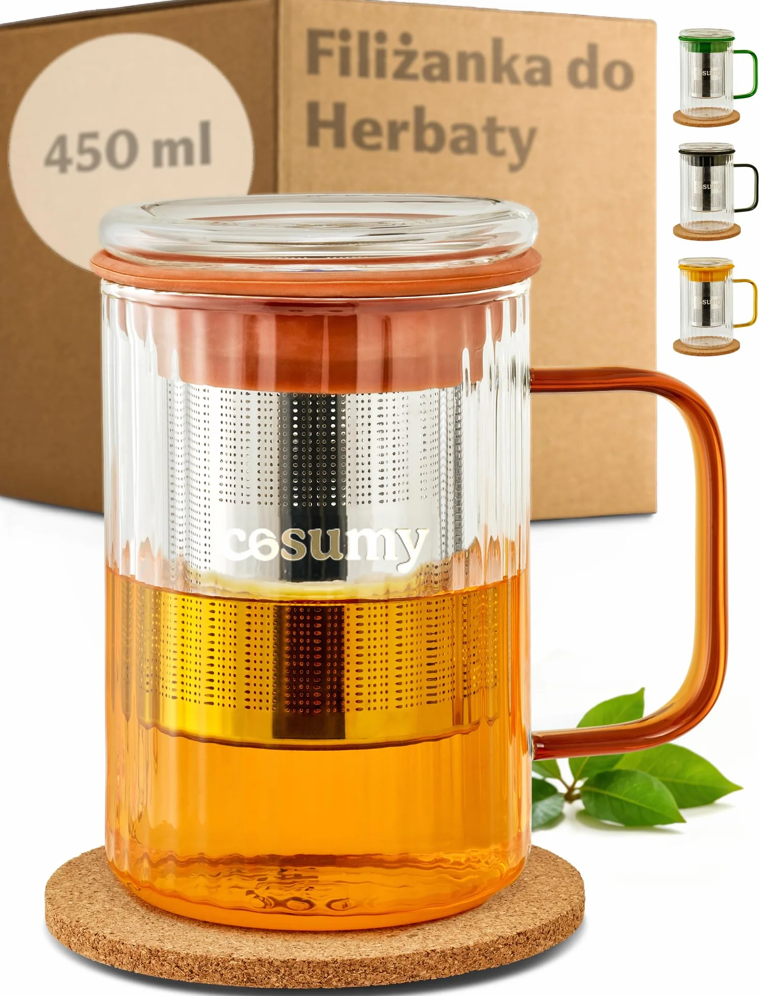 Cosumy Filiżanka do Herbaty z Pokrywką i Sitkiem 450ml - Żaroodporne Szkło Borokrzemowe z Kolorowymi Uchwytami - Korek Podstawka & Filtr ze Stali Nierdzewnej