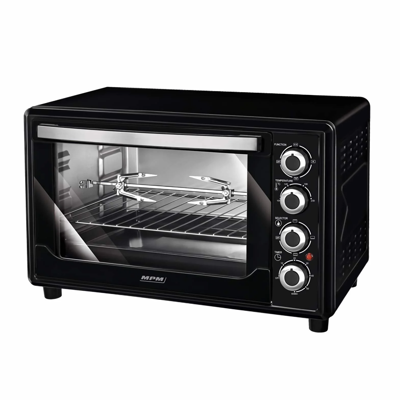 MPM MPE-07/T Piekarnik elektryczny, Termoobieg, Pojemność 45 l, Regulacja Temperatury (od 100 do 230°C), Czasomierz 60 minut, Rożen do Kurczaka,Obudowa ze Stali Nierdzewnej w Kolorze Czarnym, 2000W