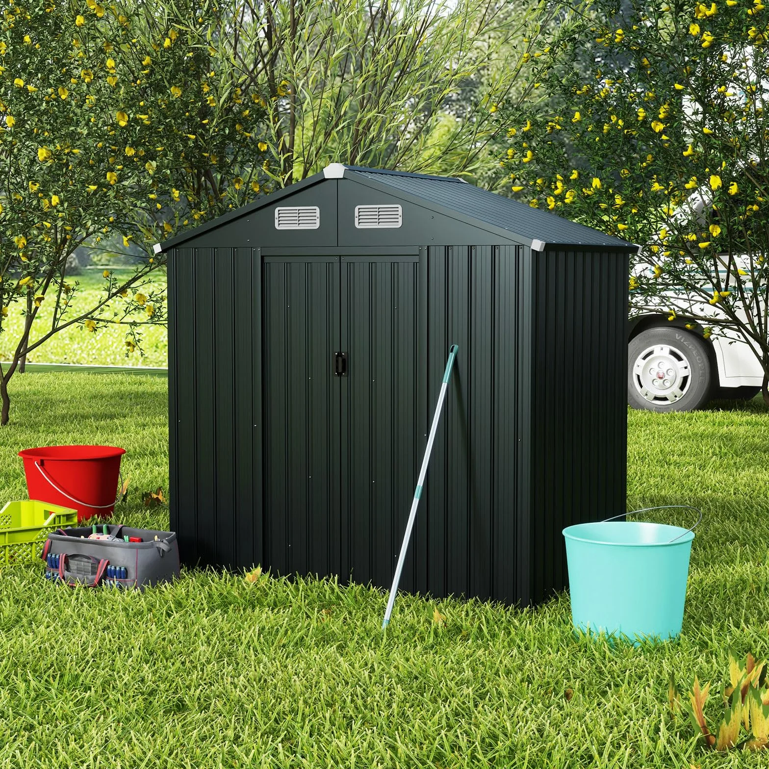 COSTWAY Domek ogrodowy metalowy, 182 x 129 x 197 cm | 3,25 m³, szopa ogrodowa z dachem dwuspadowym i 2 drzwiami przesuwnymi, szopa na narzędzia z zamkiem, domek ogrodowy, szopa ogrodowa na zewnątrz