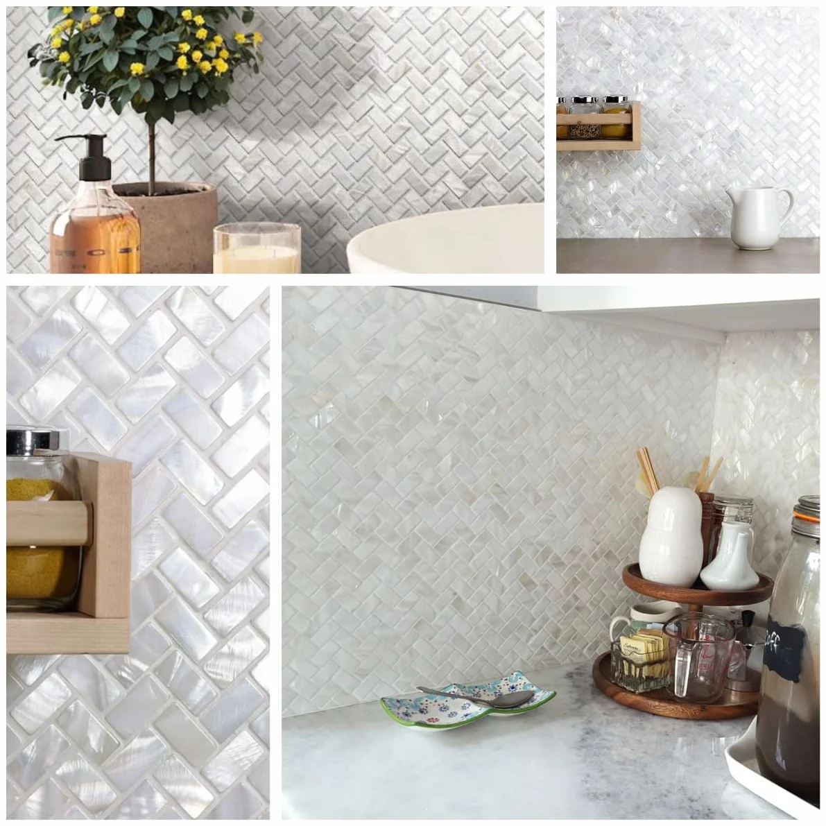 Oryginalna mozaika z masy perłowej z muszli ostrygi w jodełkę do kuchni, ścian łazienkowych, spa, basenów od Vogue Tile by Vogue Tile