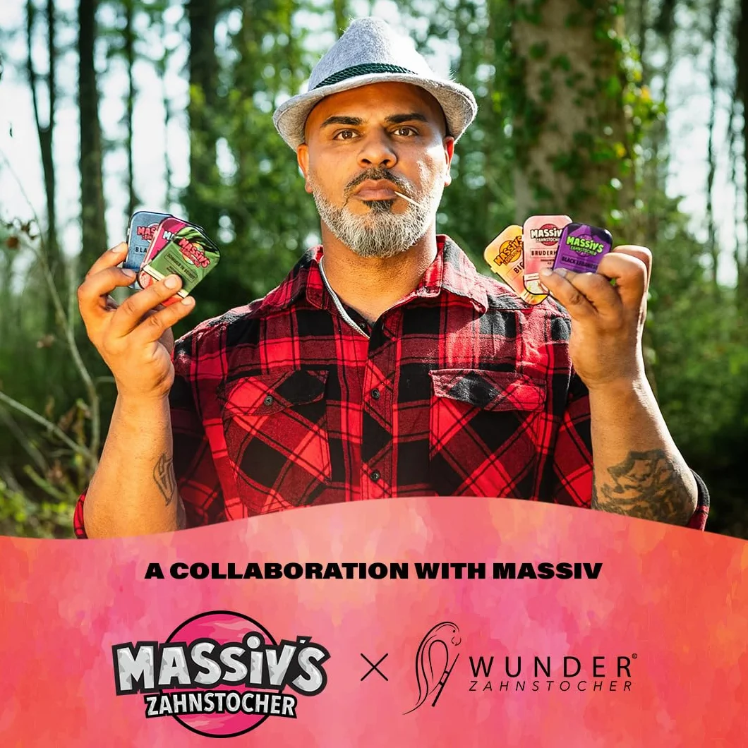 Massiv's Toothpicks Smakowe wykałaczki Big M Peach Ice 100 sztuk metalowa puszka Wegańskie bez cukru