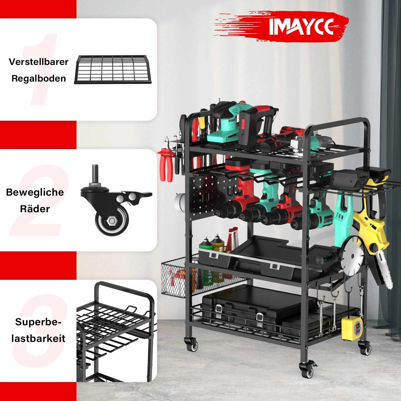 IMAYCC Organizer elektronarzędzia z kółkami, 4-warstwowy wózek do przechowywania narzędzi z stali węglowej, nośność 100 kg, uchwyty na wiertarki, stacja ładująca