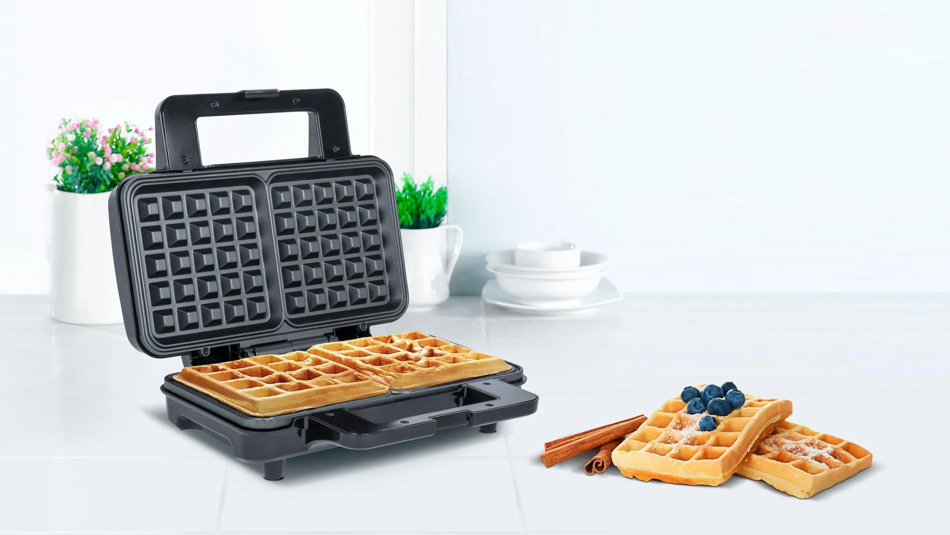 Teesa Gofrownica na 2 Duże Gofry 1000W Pokrywa ze Stali Nierdzewnej Nieprzywierająca Powłoka Płytek TSA3225