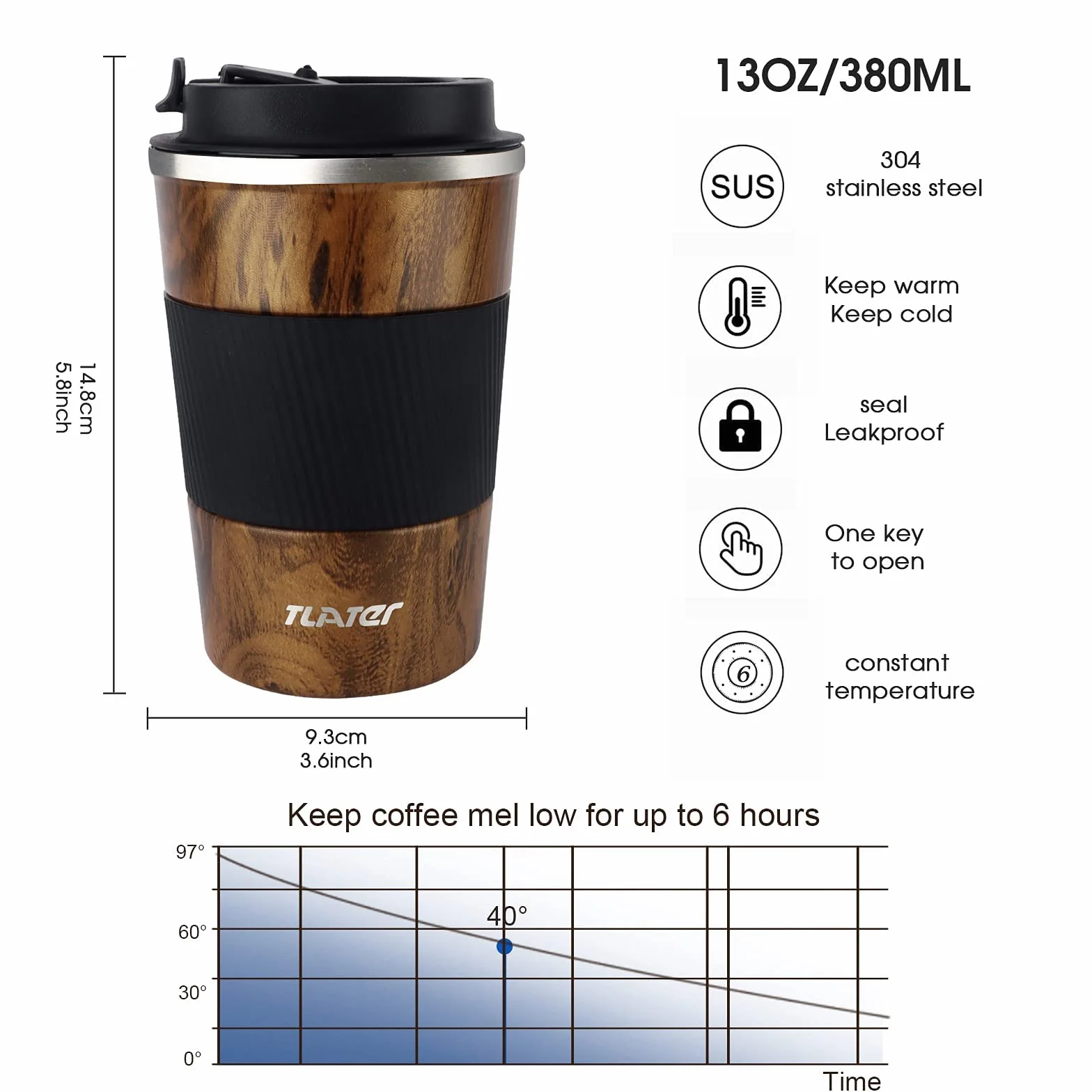 Kubek podróżny, Tlater 380ml izolowany kubek podróżny do kawy z szczelnym wieczkiem dwuścienny próżniowy kubek podróżny ze stali nierdzewnej do gorących i zimnych napojów