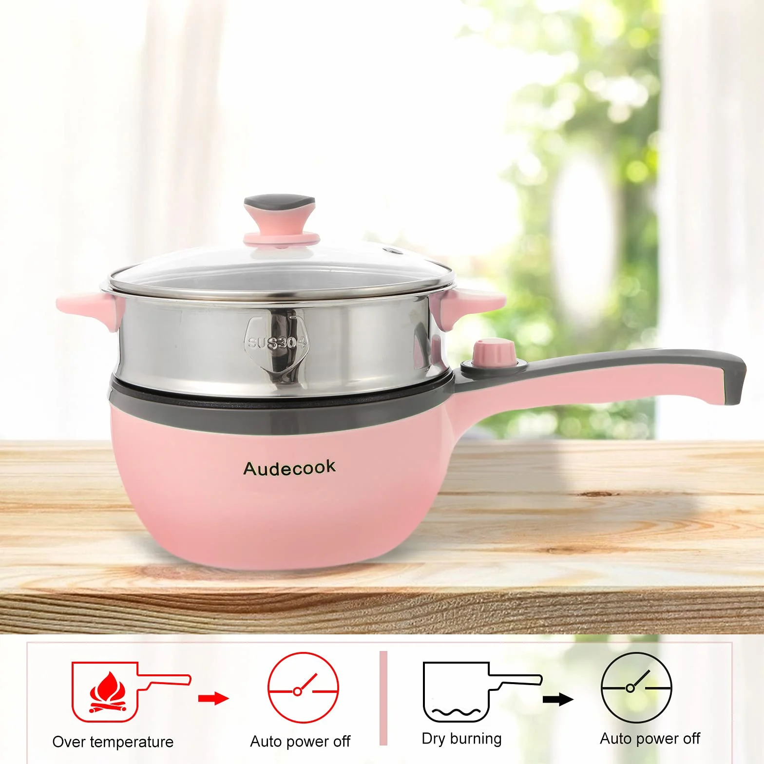 Audecook Hot Pot Elektryczna mini patelnia elektryczna, przenośna, nieprzywierająca patelnia do smażenia z regulacją mocy, szybka kuchenka do ramenu, podróżny multicooker, garnek elektryczny, do zupy
