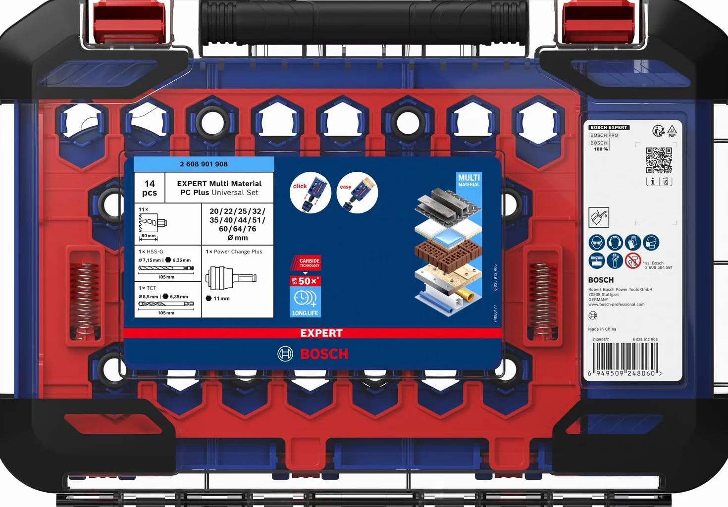 Bosch 14x Zestaw uniwersalnych otwornic EXPERT Multi Material PC Plus (do Drewno z metalem, Cegła, Ø 20, 22, 25, 32, 35, 40, 44, 51, 60, 64, 76 mm, Professional Akcesoria Wiertarki)