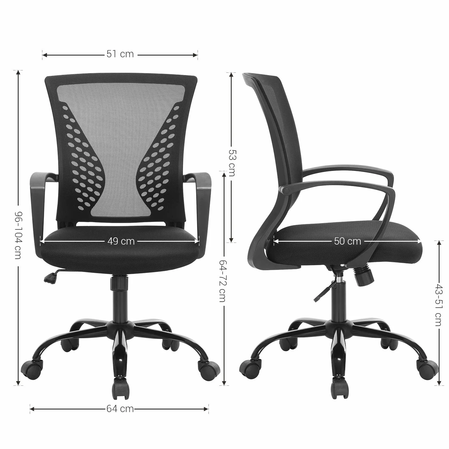 SONGMICS Obn22Bk Krzesło Biurowe, Wychylane, Oddychające, Obciążenie do 12 Kg, 64 x 64 x 96 cm, Czarne