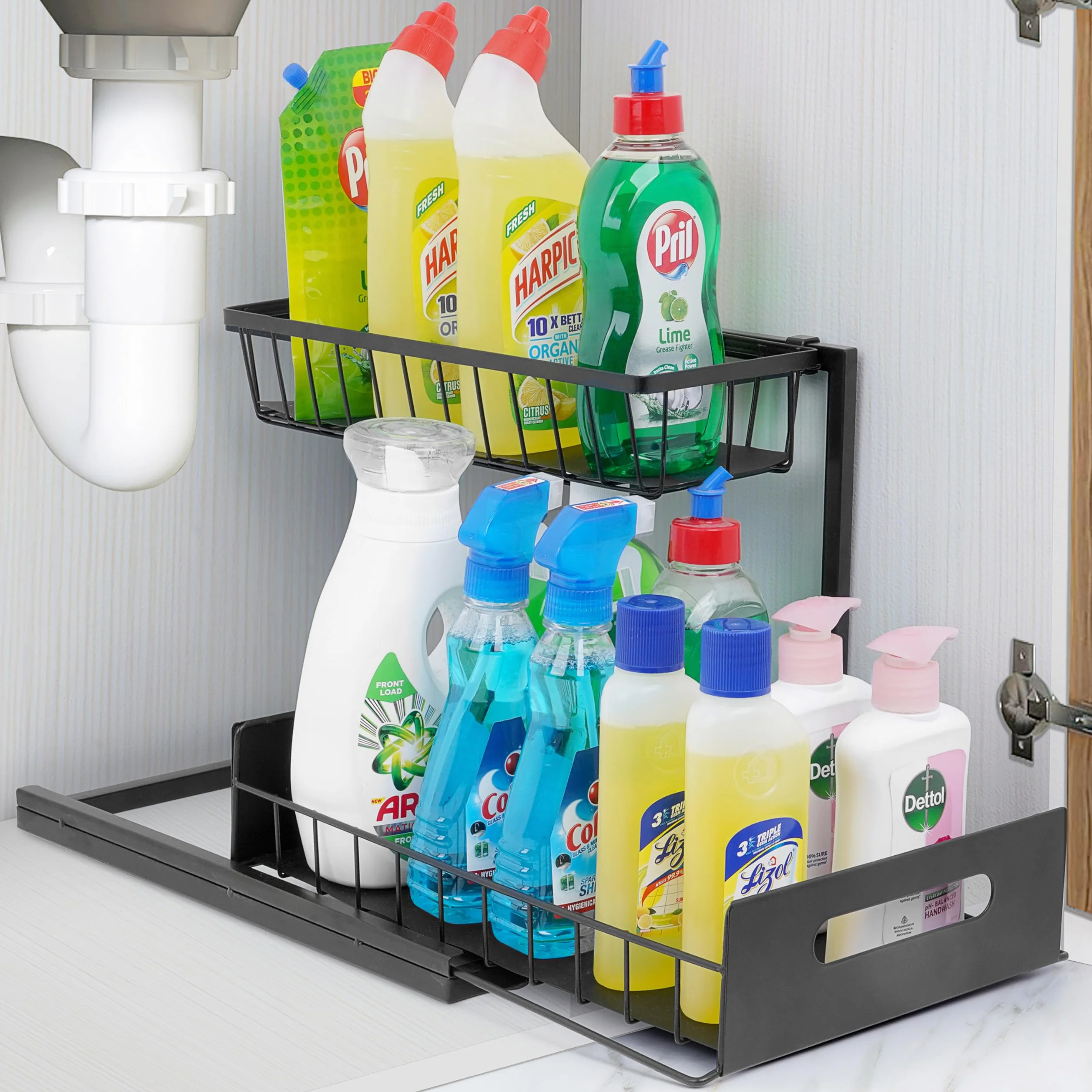 Winter Shore Czarna Organizator pod Zlewem 2 Poziomy - Wielofunkcyjna Szafka Łazienkowa i Kuchenna z Półkami pod Zlewem z Wysuwaną Dolną Tacą - Wytrzymała Konstrukcja z Węglowej Stali