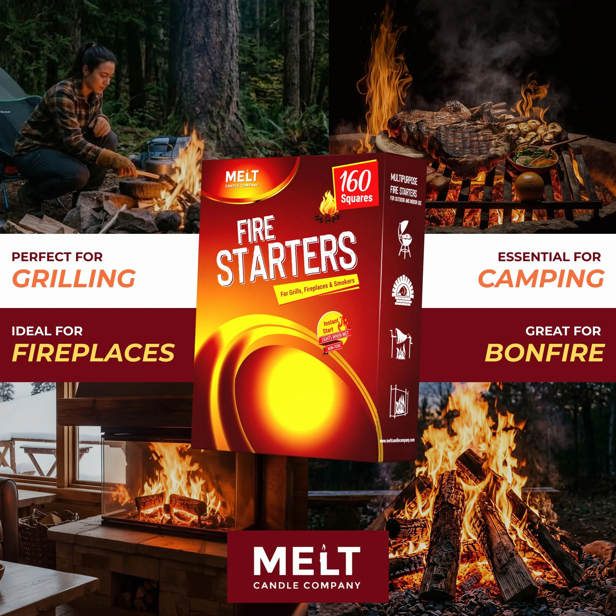Ogień Starters Big Pack 160 kwadratów węgiel startowy do grilla, ogniska, kominka, paleniska, wędzarni, bez rozbłysków i smaku. Rozrusznik do pieca na drewno i pellet. Wodoodporne, wytrzymałe kwadraty