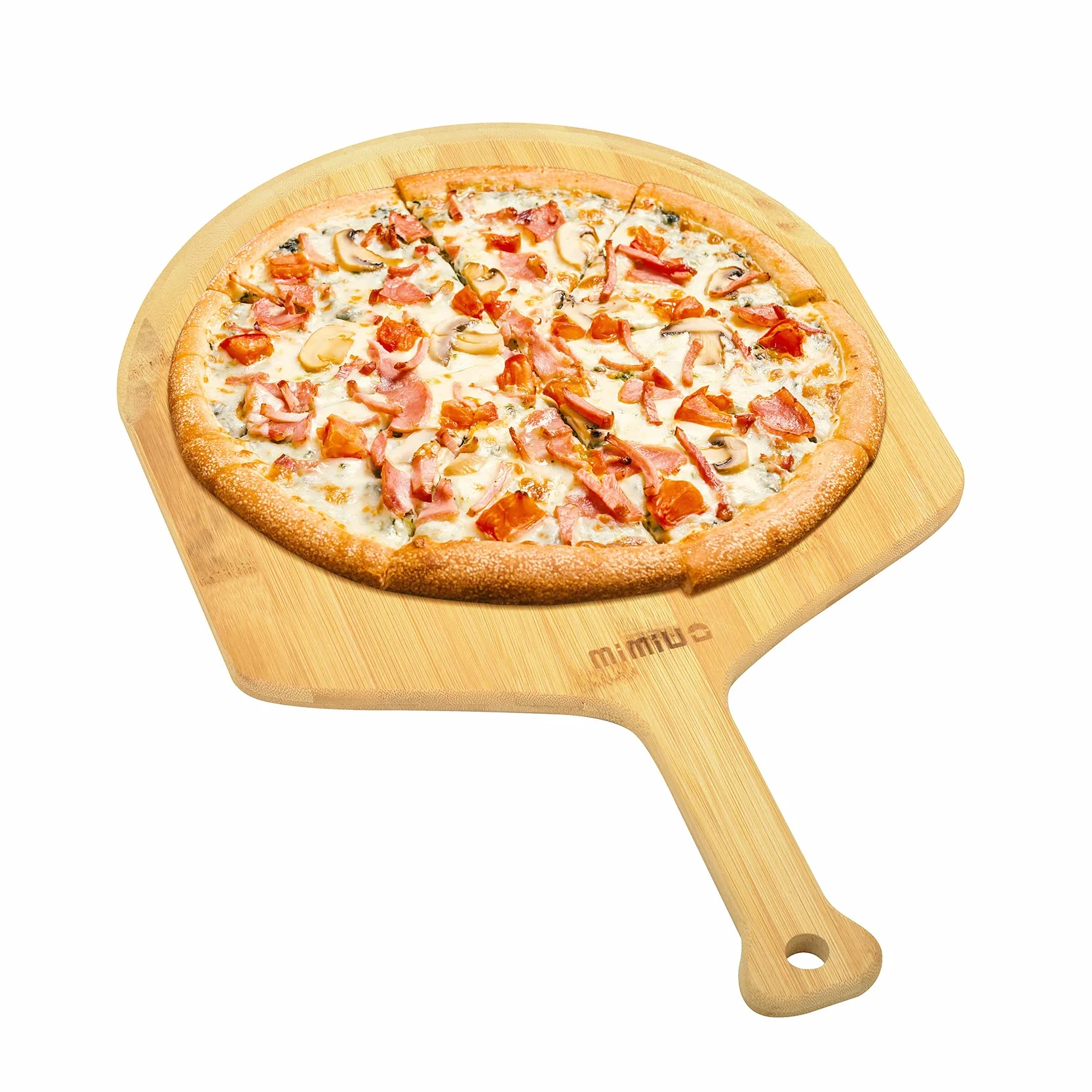 Mimiuo Bambusowa deska do pizzy, łopatka do pizzy 29,5 cm, z okrągłą krawędzią i uchwytem, do domowej pizzy i chleba, piekarnika lub grilla
