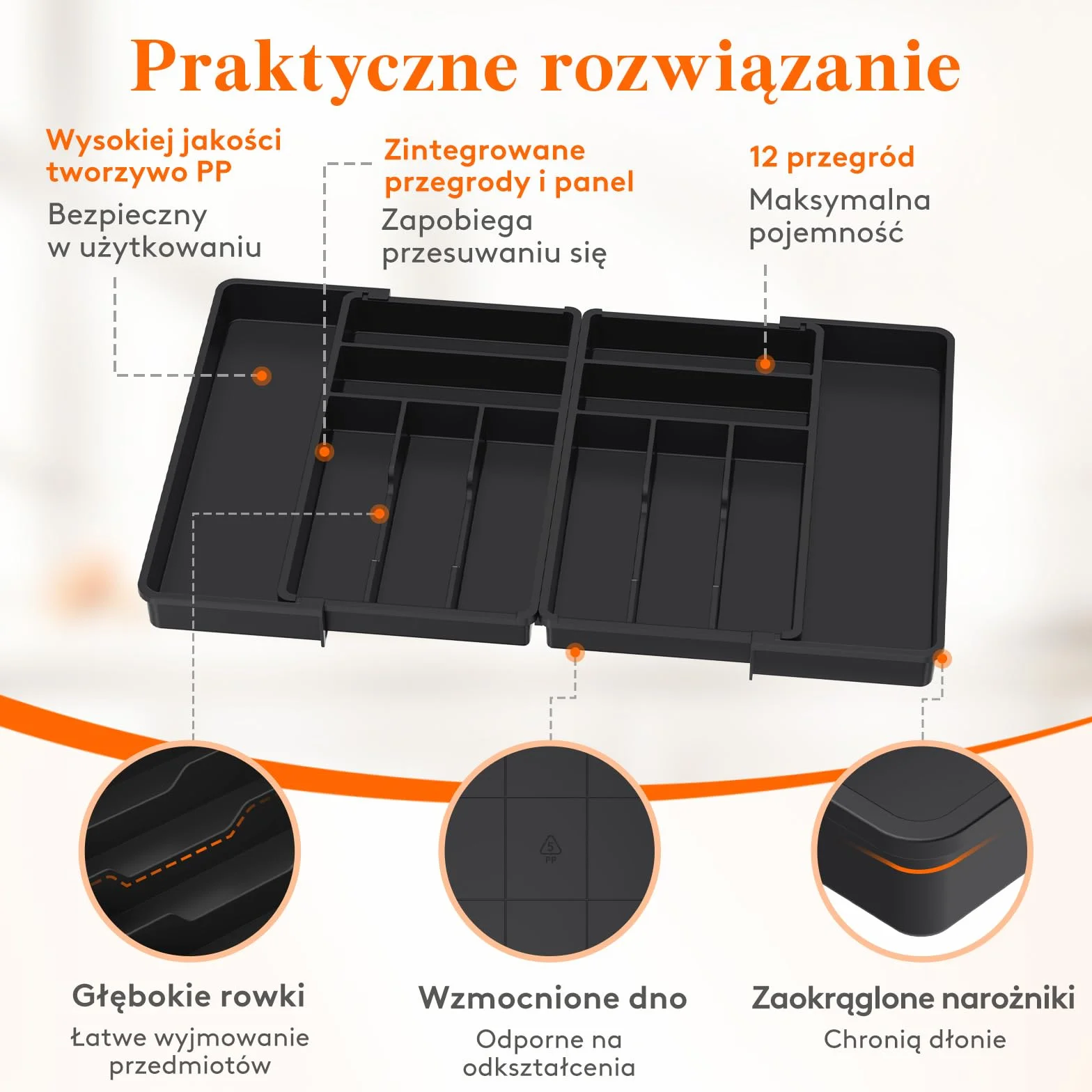 Lifewhite Duża Szuflada na Sztućce, Szerokość od 46 do 70 cm, Regulowana Szuflada na Sztućce do Szuflady, Głębokość 42,4 cm, Wyjmowany Układ szuflady, Plastikowy Uchwyt na Widelce/Noże, Czarny