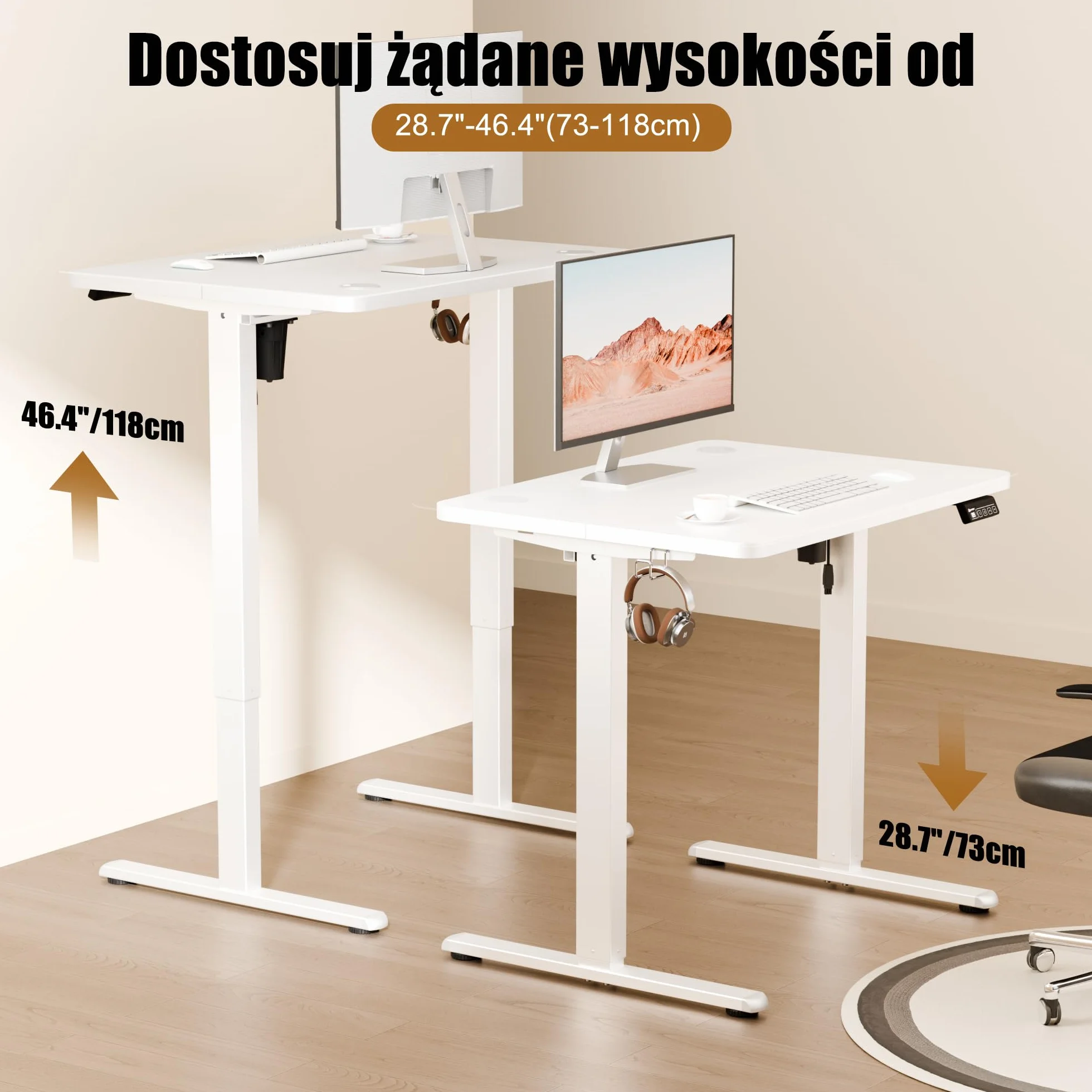ERGOMAKER Biurko Stojące 80 x 60 cm, Elektryczne z Regulacją Wysokości i 2 Pamięciami, z Hakami, Blatem Splicowanym, do Pracy na Stojąco i Siedząco (Biały)