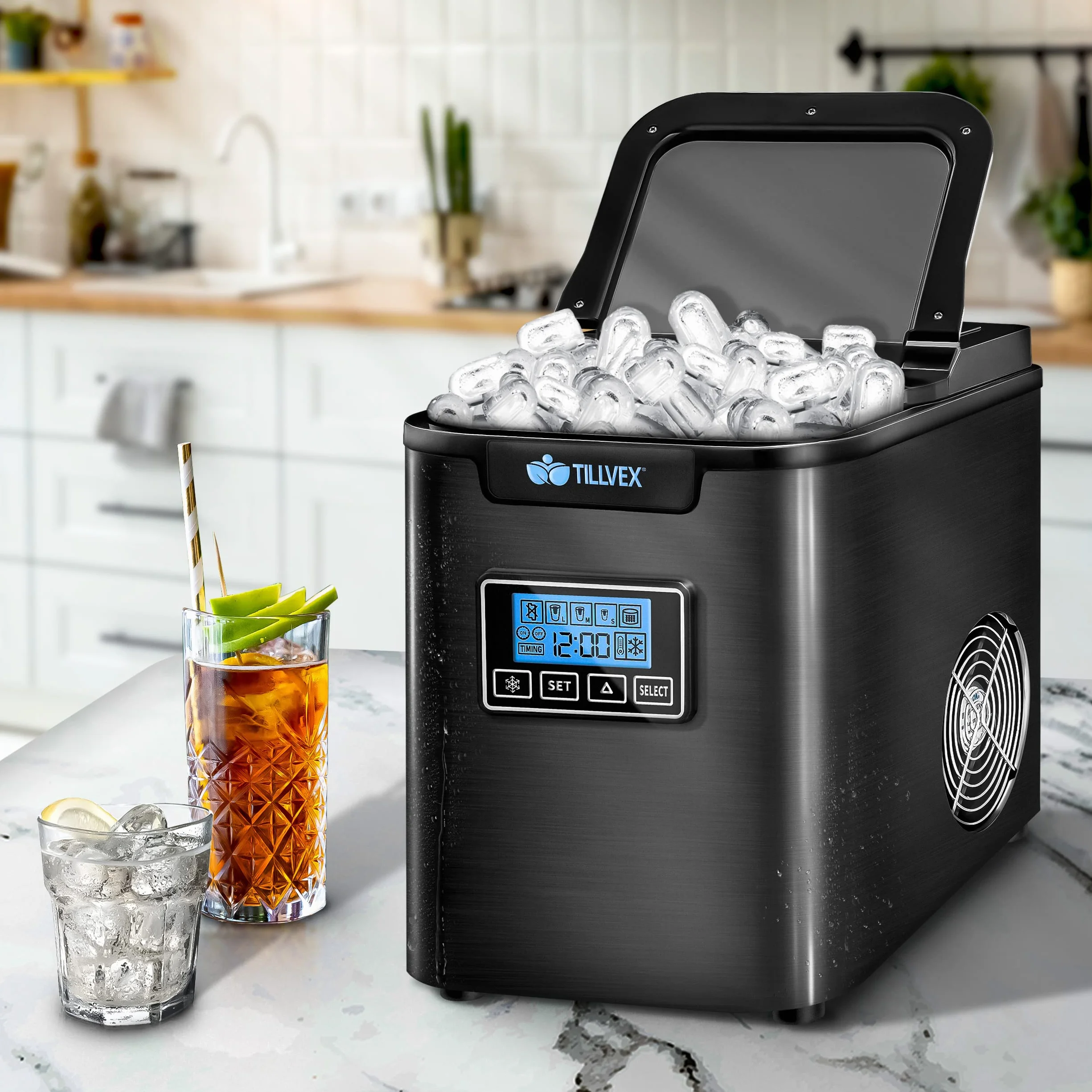 Kostkarka do lodu ze stali nierdzewnej 12 kg/24 h 2,2 l timer LCD samoczyszcząca 3 rozmiary kostek czarna