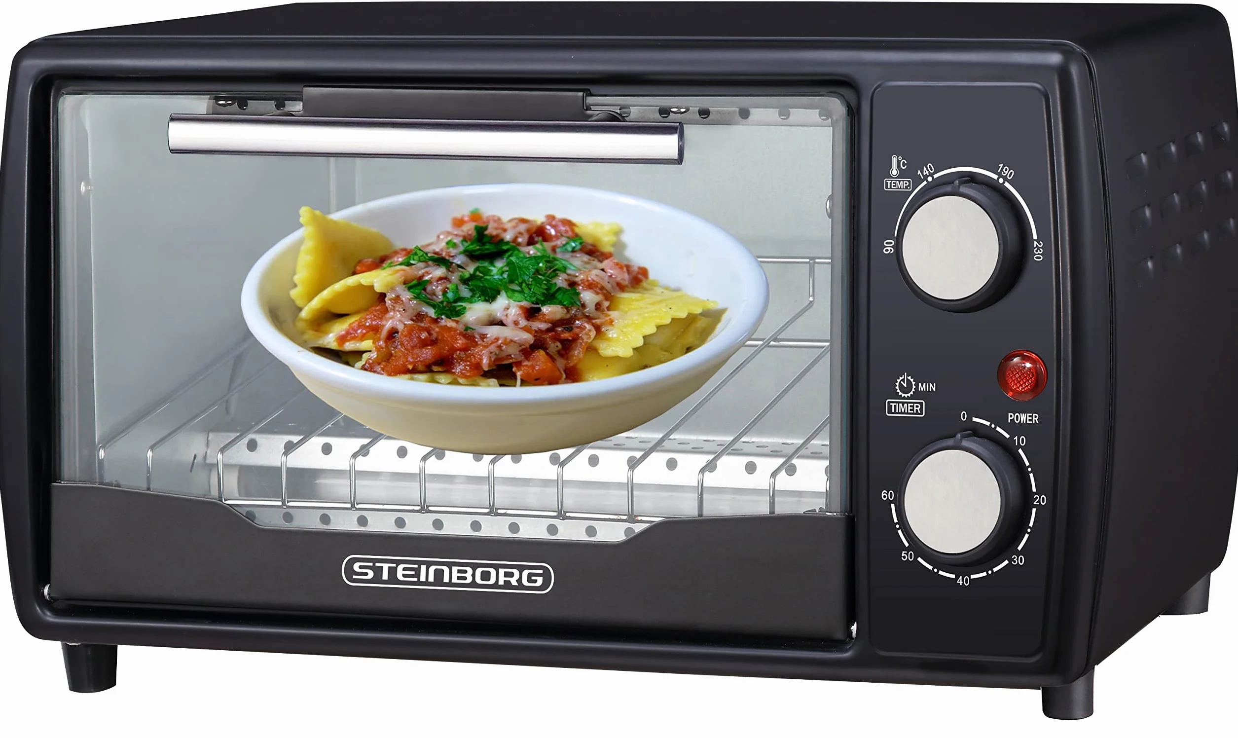 Mini piekarnik 1000 W, 10 litrów, z blachą do pieczenia i rusztem do pieczenia pizzy 90-230°C, timer 60 minut, wysuwana taca na okruchy, instrukcja obsługi (może nie być dostępna w języku polskim)