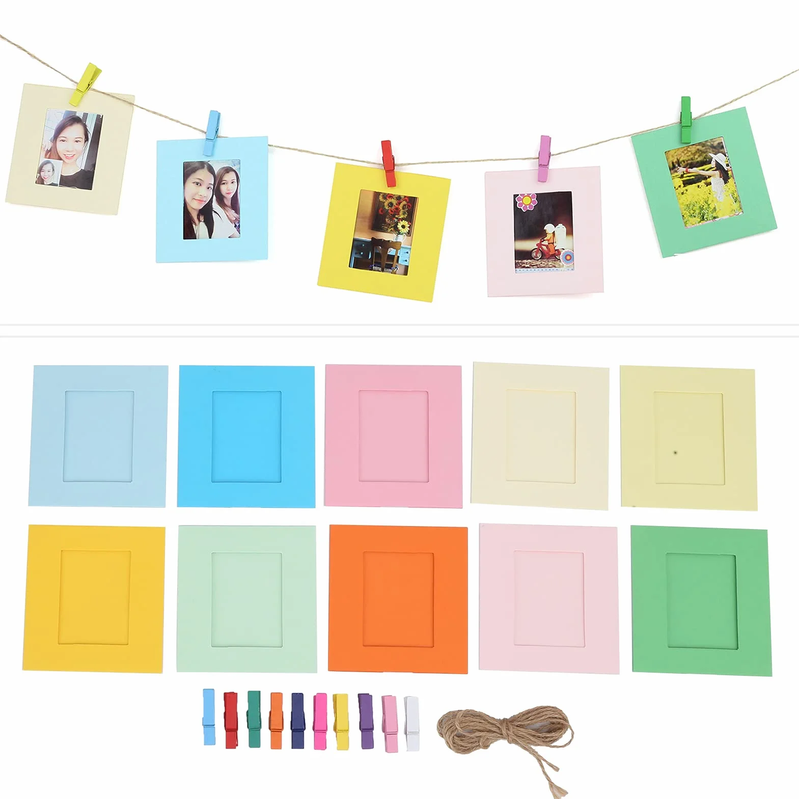 Papierowa Ramka na Zdjęcia do dla Instax Mini, 10 Szt. 3-calowa Ramka na Zdjęcia z Tektury Diy z Drewnianymi Klipsami i Sznurkiem, Wielokolorowe Wiszące Ramki do Zdjęć, do Wystroju Domu/Szkoły