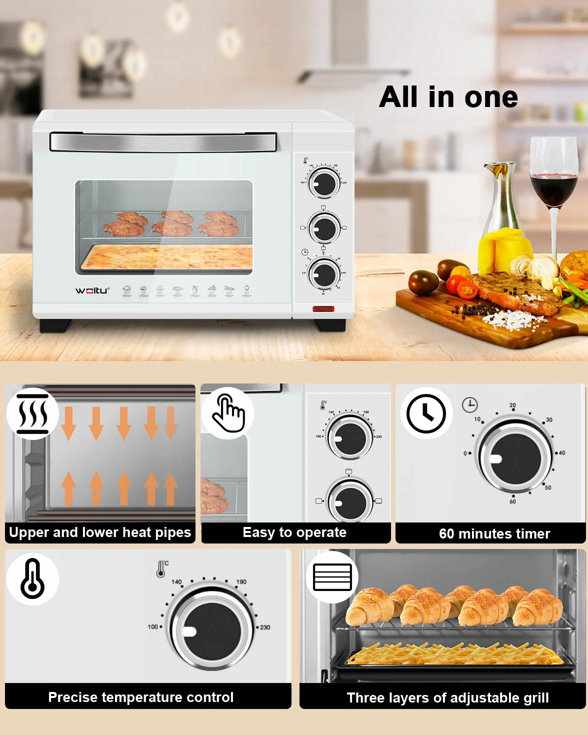 WOLTU mini piekarnik 20 litrowy 1400W biały z timerem 100-250°C