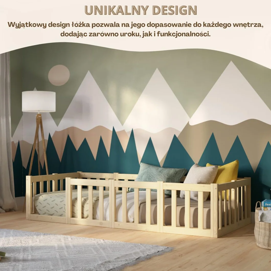 Łóżko dziecięce Crazy Johnny 180 x 90 cm – Montessori łóżko podłogowe z zabezpieczeniem przed wypadnięciem i otwieraną barierką - Bezpieczne dla najmłodszych - Łatwy montaż