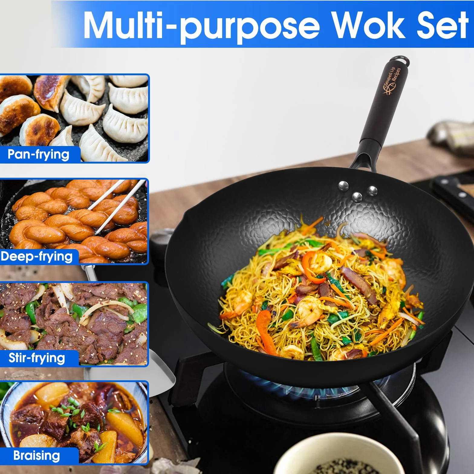 Souped Up Recipes Patelnia typu wok 34 cm/7 l, chińska patelnia ze stali węglowej, do kuchenek elektrycznych, indukcyjnych, kuchenek gazowych (pokrywka, szpatułka i instrukcja obsługi w zestawie)