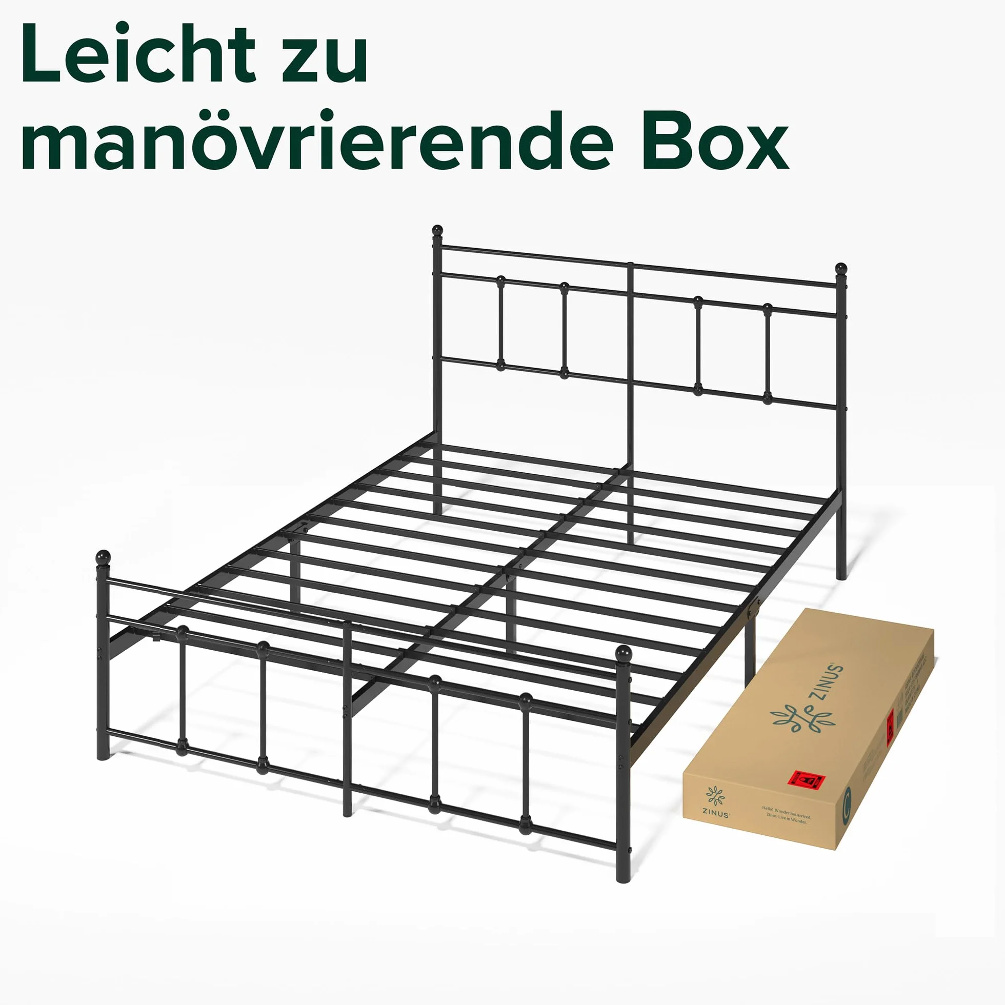 Zinus Nicholas łóżko 140 x 200 cm – wysokość 31 cm z miejscem do przechowywania pod łóżkiem – metalowa rama łóżka platformowego z zagłówkiem i podnóżkiem – czarne