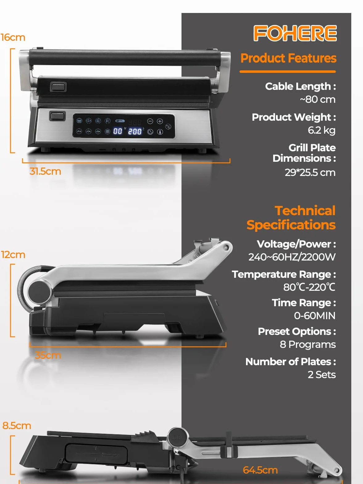 FOHERE Grill kontaktowy XL, wielofunkcyjny, opiekacz do kanapek i gofrownica 4 w 1, 2200 W, z 4 zdejmowanymi płytami z powłoką zapobiegającą przywieraniu, indywidualny czas i temperaturę, wskaźnik LED