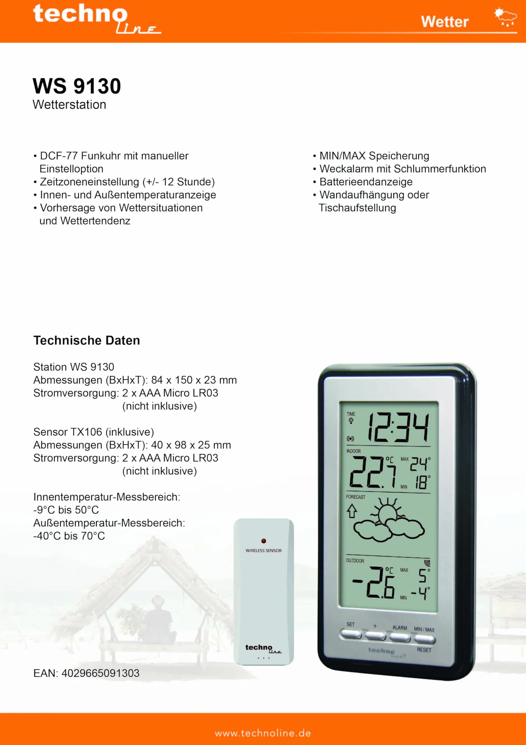 Technoline WS9130 Stacja Pogodwa, Srebrny