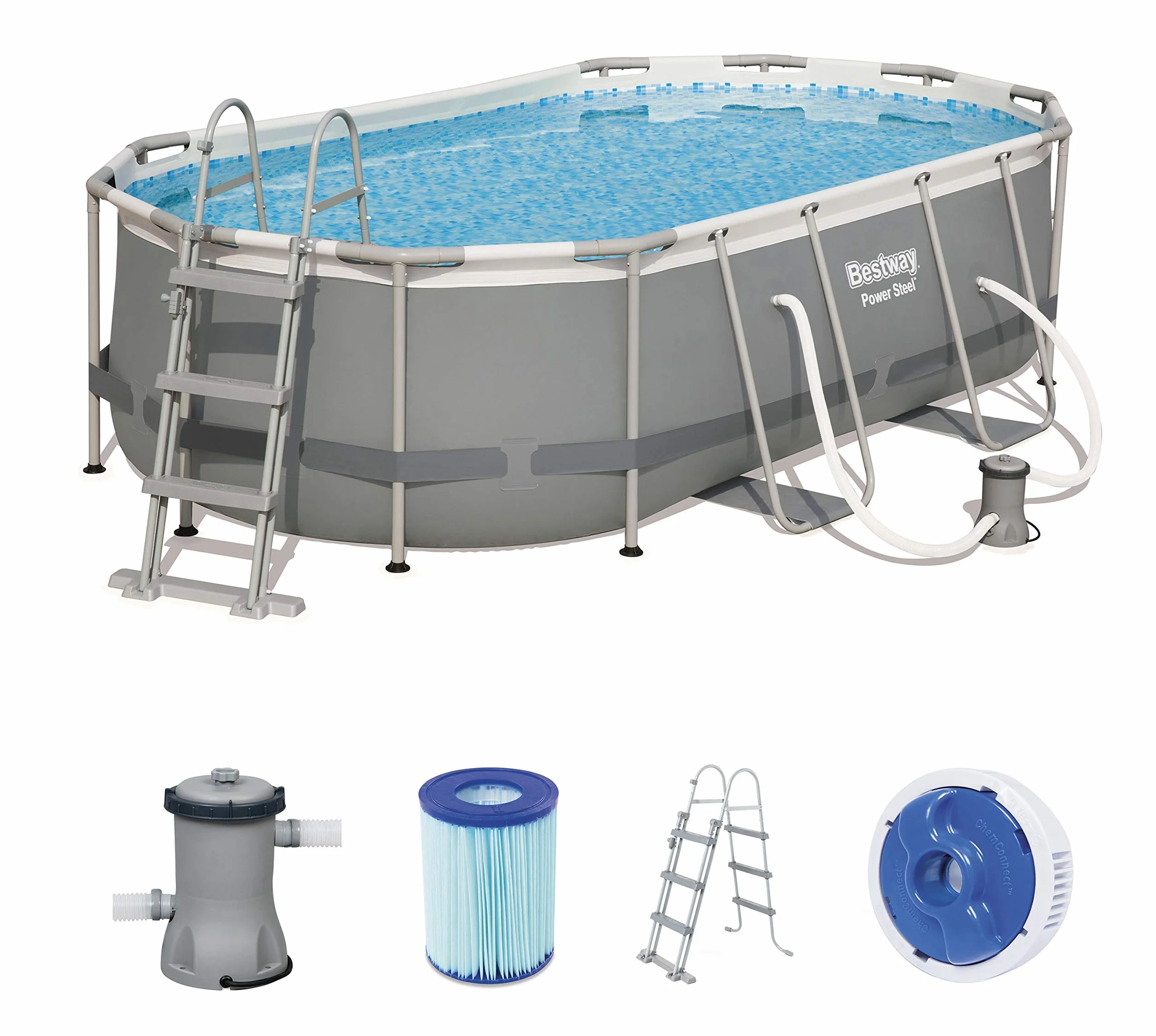 Bestway Power Steel 56620 basen z ramą, owalny, 7250 l, niebieski, szary, 90 cm, 1817 l/h)