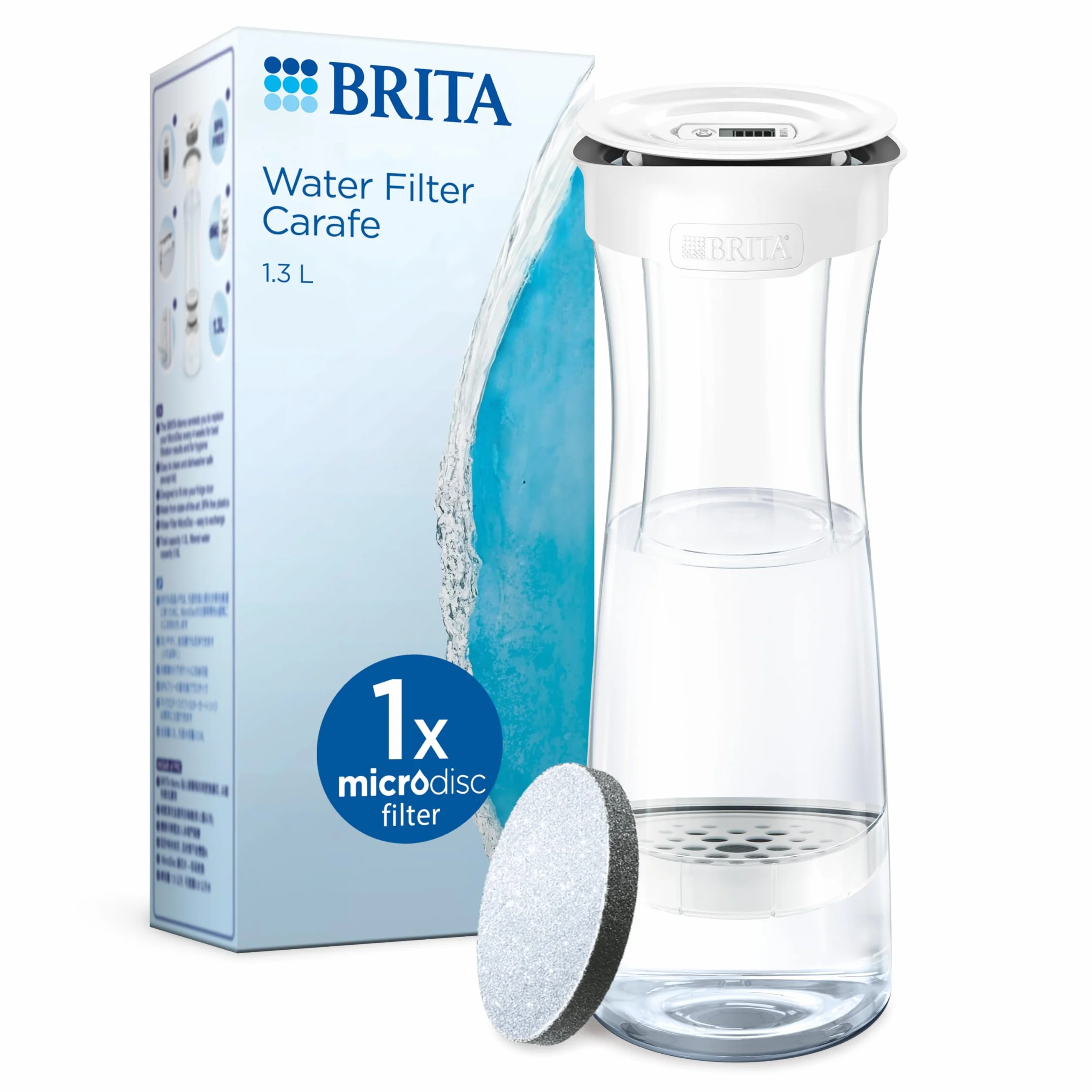 BRITA Karafka filtrująca, biała (1,3 l) z 1 filtrem MicroDisc: redukuje PFAS, chlor, mikrocząsteczki i inne zanieczyszczenia