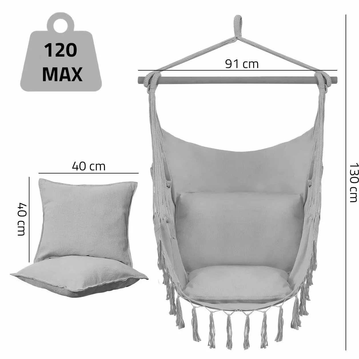 MalTec fotel wiszący do ogrodu, fotel Brasilian Cocoon z poduszkami, fotel wiszący do użytku wewnątrz i na zewnątrz, kolor szary, fotel do zawieszenia, obciążenie do 120 kg
