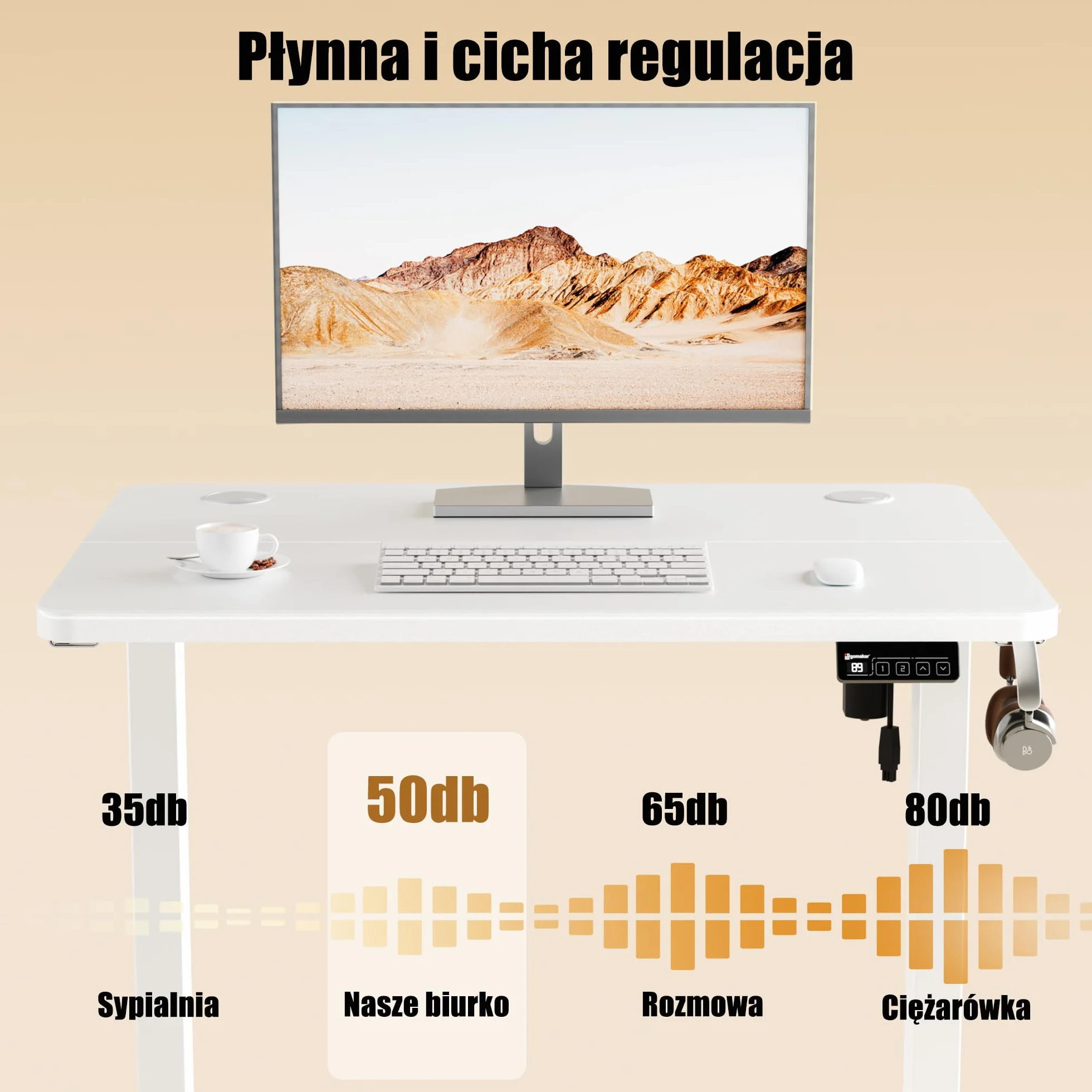ERGOMAKER Biurko Stojące 80 x 60 cm, Elektryczne z Regulacją Wysokości i 2 Pamięciami, z Hakami, Blatem Splicowanym, do Pracy na Stojąco i Siedząco (Biały)