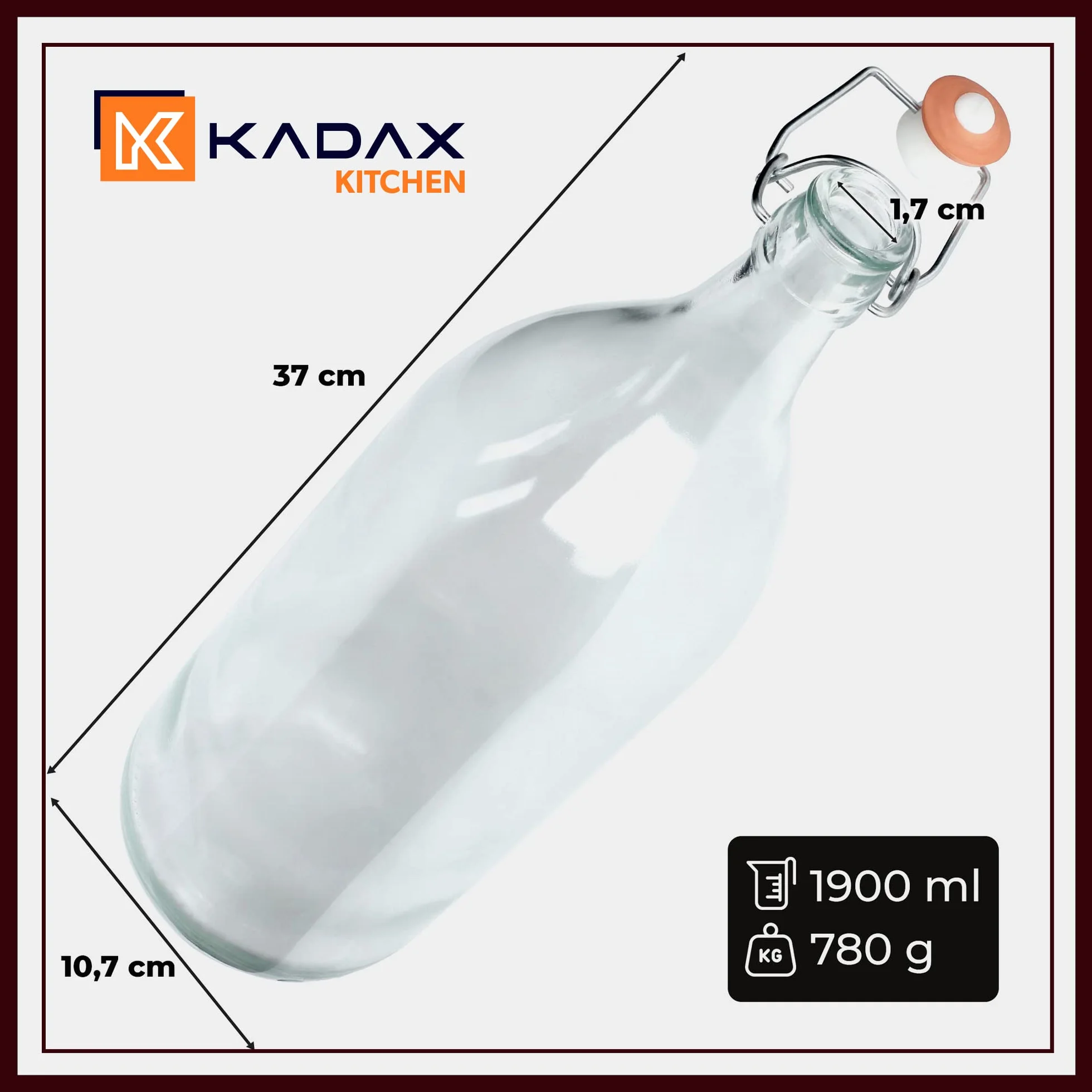 KADAX butelka szklana, butelka na likier owocowy, butelka vintage z sodowego szkła, przezroczysta butelka z zamknięciem kabłąkowym, butelka z zamknięciem kabłąkowym, butelka na likier kwekowy (1,9L, 3
