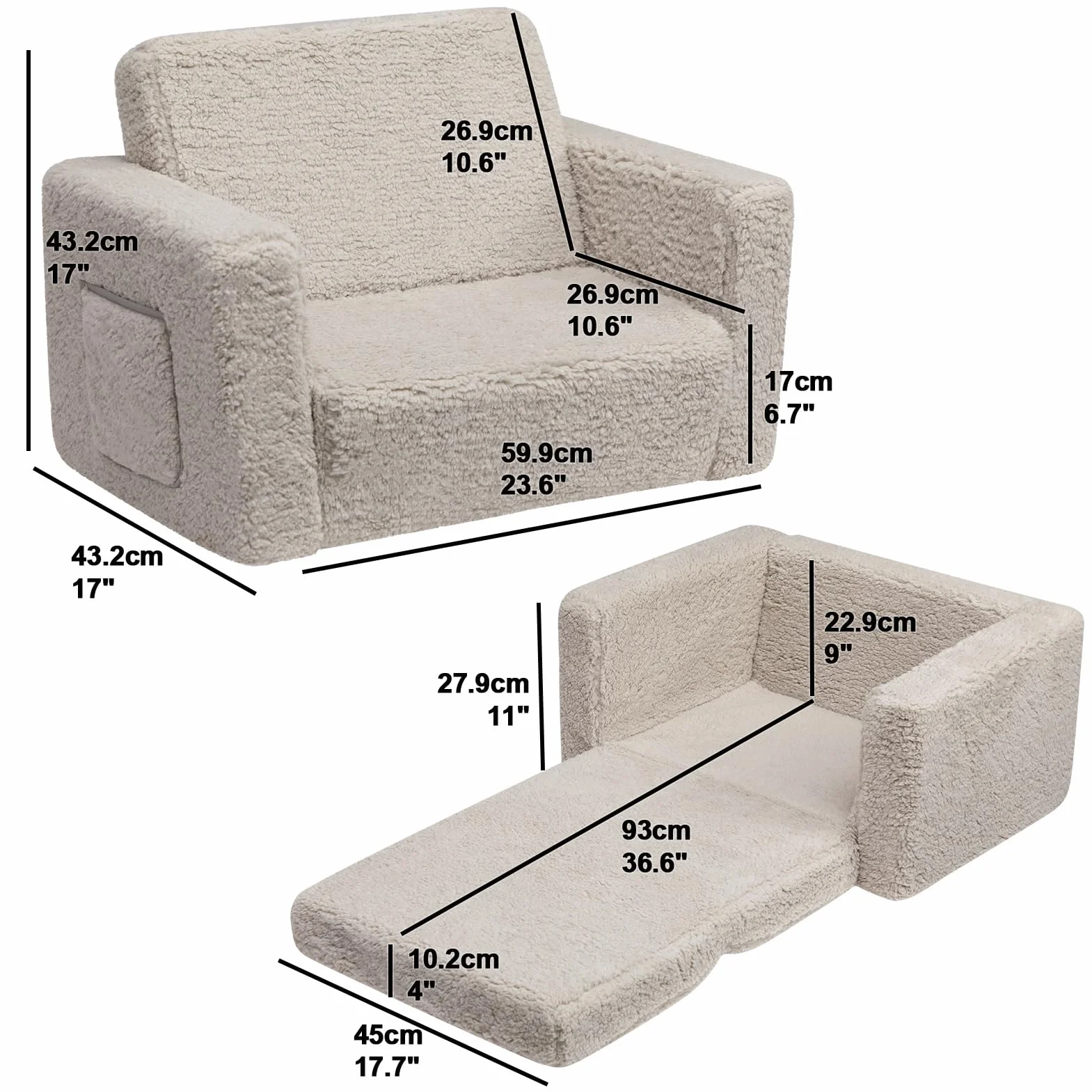 BEJOY Sofa dziecięca rozkładana 2 w 1, sofa z funkcją spania, fotel dziecięcy, Sherpa, rozkładana sofa do pokoju dziecięcego, na dzień dziecka i urodziny, dla dziewcząt i chłopców, jasnoszara