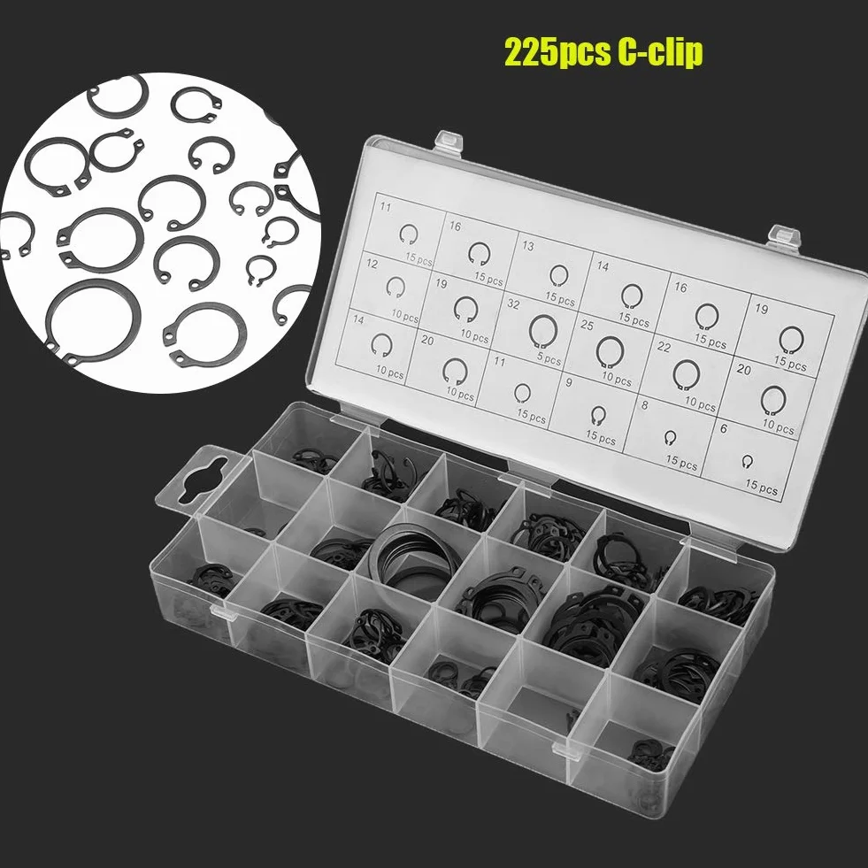 225-teiliges C-Clip-Kit, 18 Größen Metall-Innen- und Außen-Sicherungsring-Sicherungsring-Sortiment mit Kunststoffbox