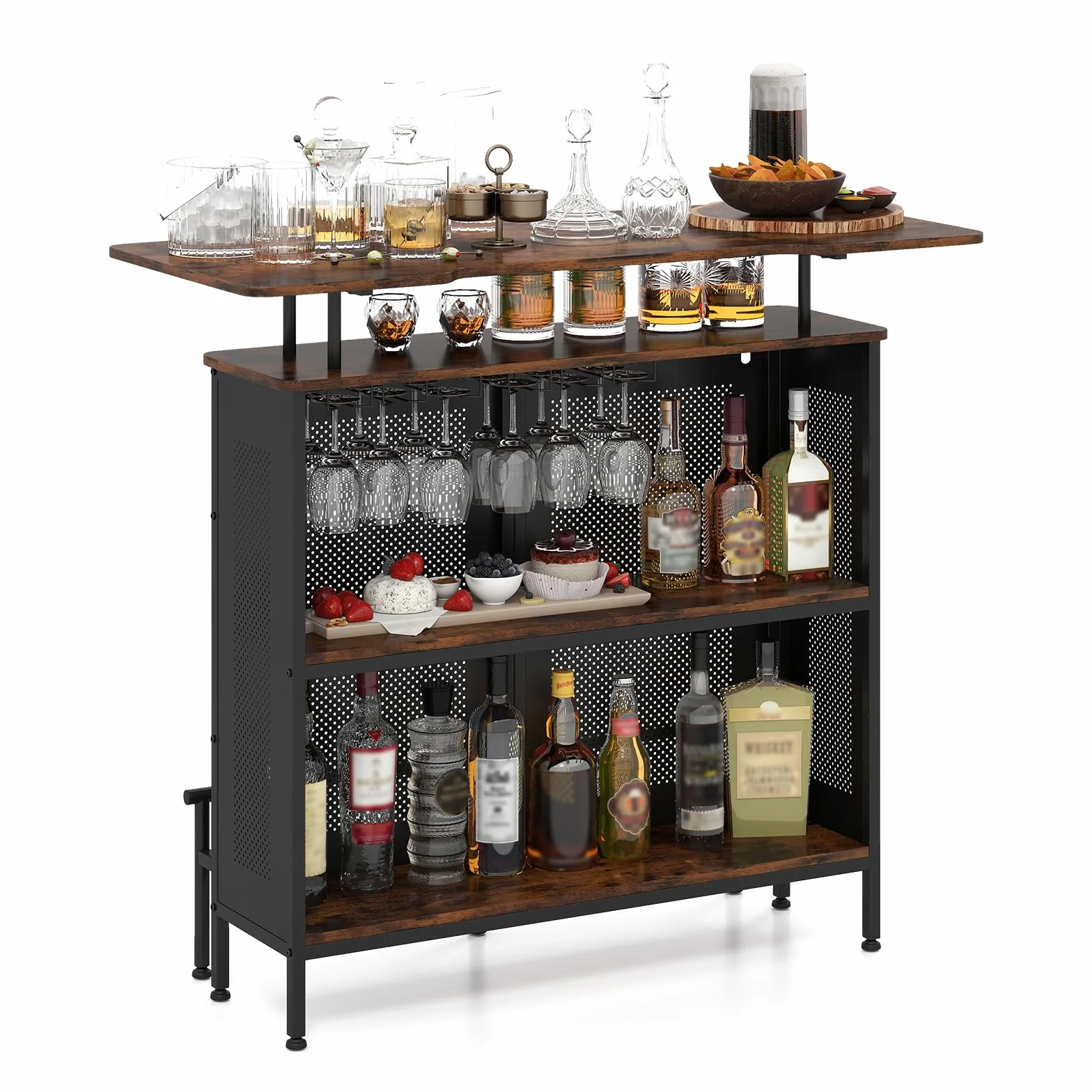 COSTWAY Stół barowy do kuchni, blat kuchenny z miejscem do przechowywania i podnóżkiem, blat z metalową ramą, regulowane nóżki, 120 x 50 x 106,5 cm, czarny, prostokątny