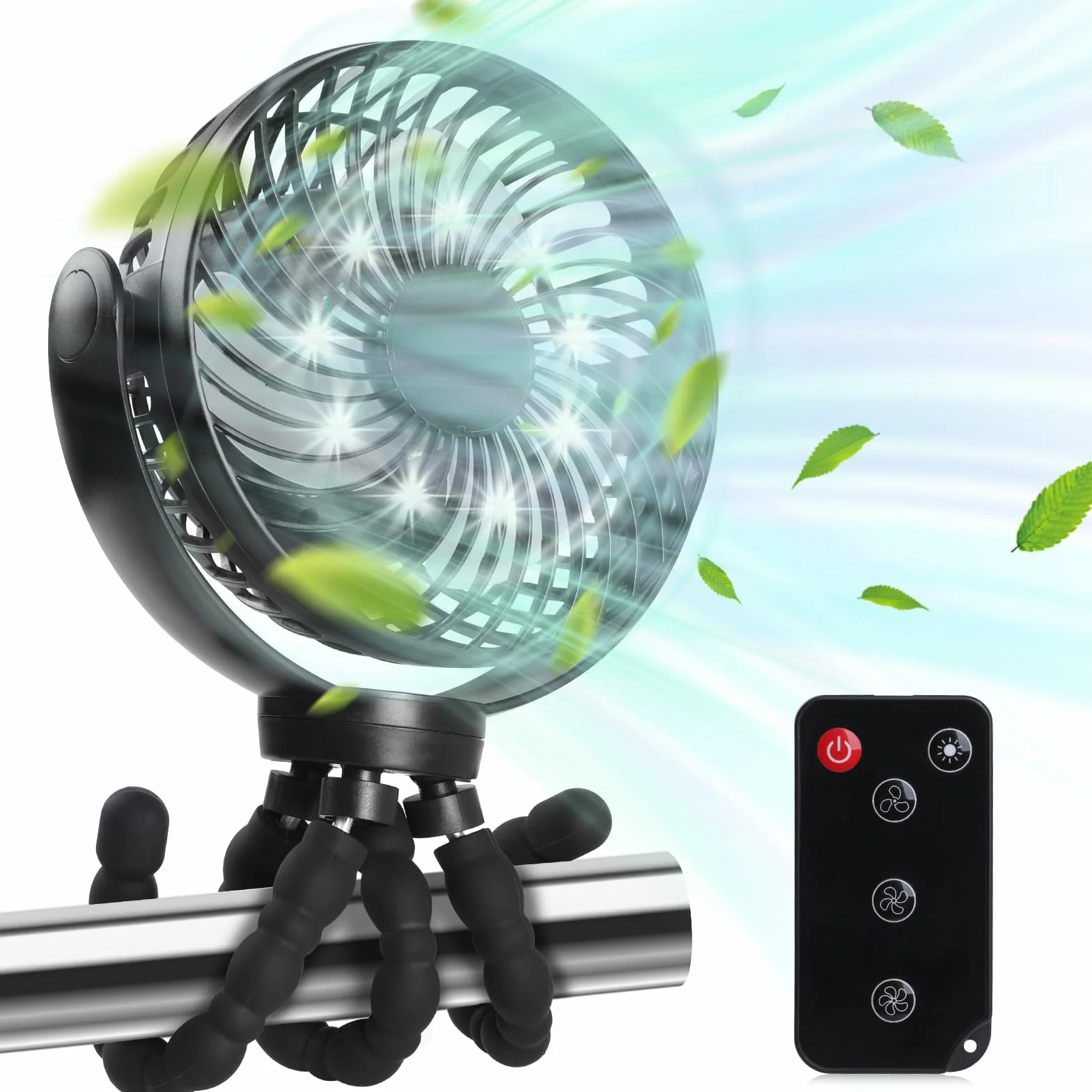 Hianjoo Wentylator do wózka dziecięcego z diodami LED, lekki, 10 000 mAh, mały wentylator biurkowy, wentylator kempingowy, obrót o 360°, przenośny, do wielokrotnego ładowania, do namiotu, domu, biura