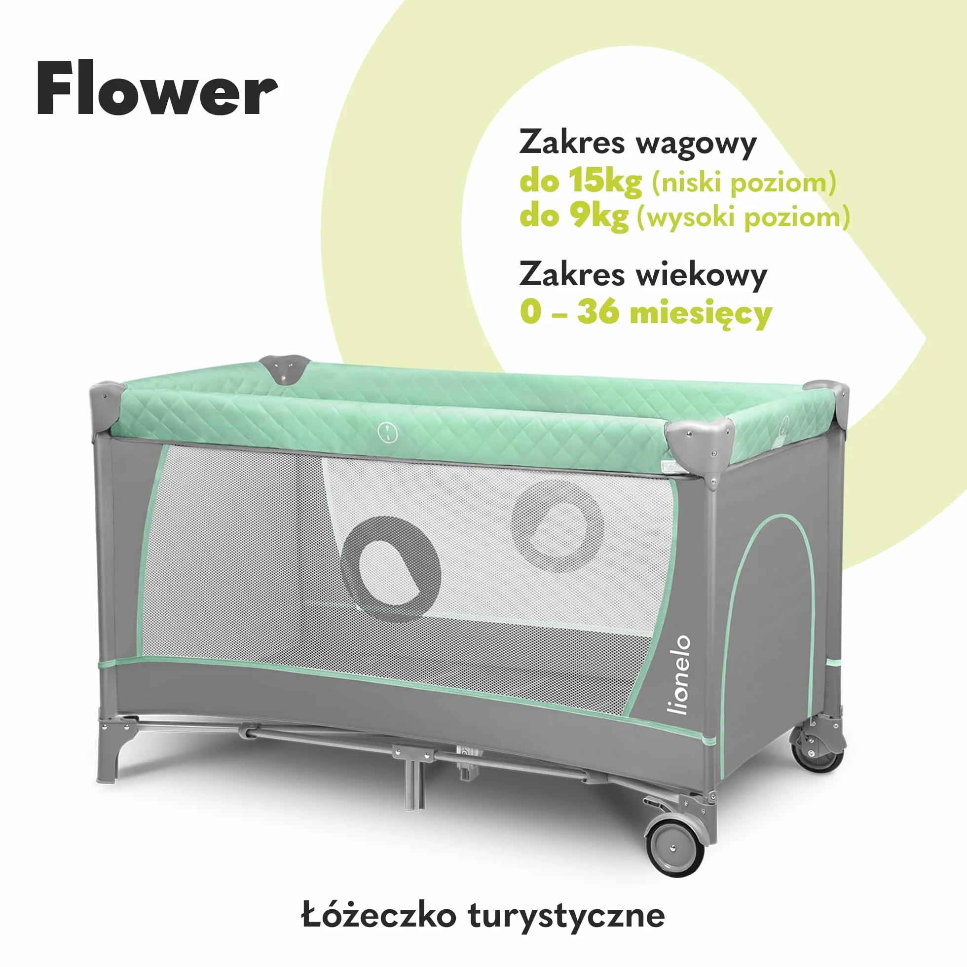 Lionelo Flower Łóżeczko Turystyczne Dla Niemowląt Z Wejściem Bocznym, Przewijak Dwie Wysokości Materaca, Łuk Zabawkowy Z Figurkami Do Zabawy, Kółka, Torba Do Noszenia