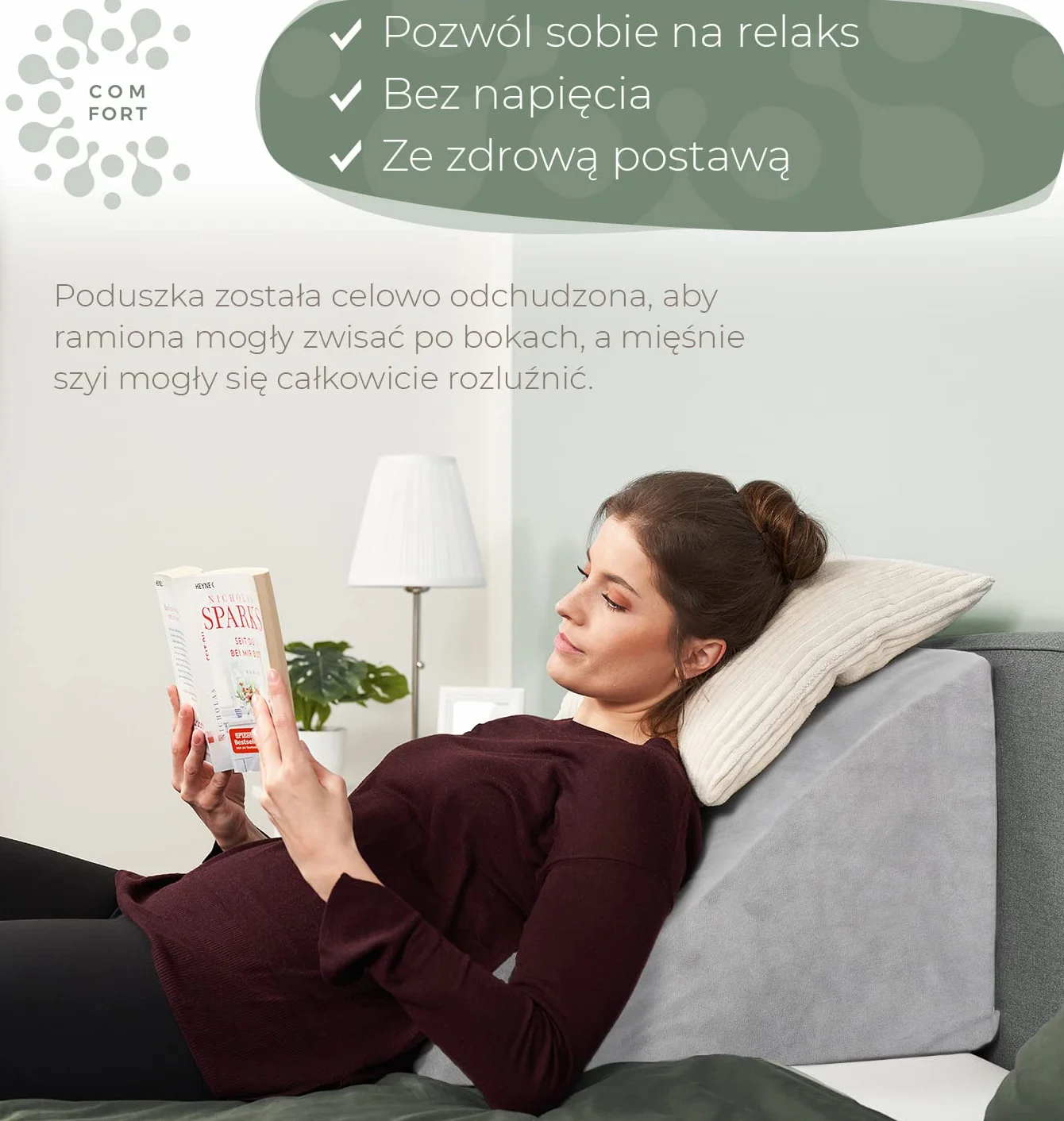 WELL B4 Ergonomiczna poduszka do czytania do łóżka i sofy, ŚREDNIA WAGA - Wygodna poduszka pod plecy z pianką z pamięcią kształtu - poduszka klinowa do łóżka, szary