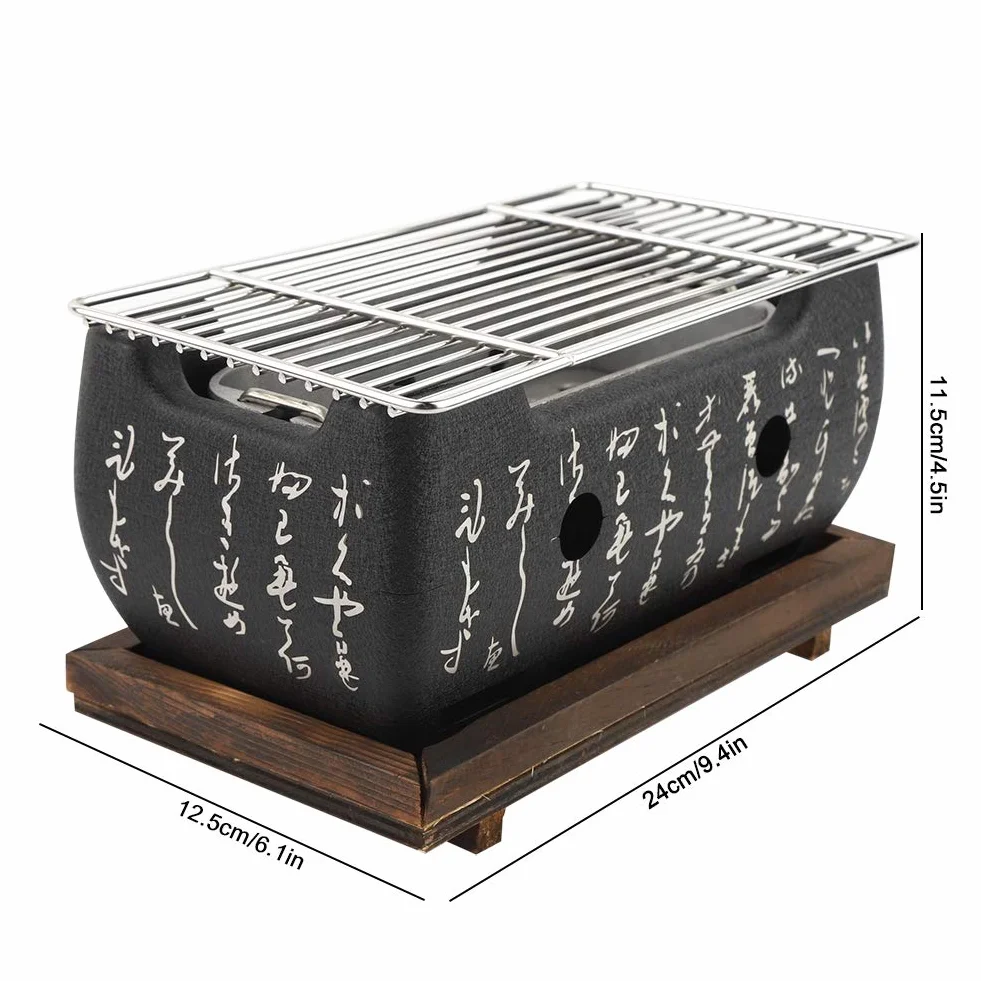 Japoński piec do grillowania, grill BBQ, 24 x 12,5 x 11,5 cm, mini grill stołowy z blachą do pieczenia, kratką drucianą i podstawą drewnianą, przenośny grill na piec, japoński piec na węgiel drzewny