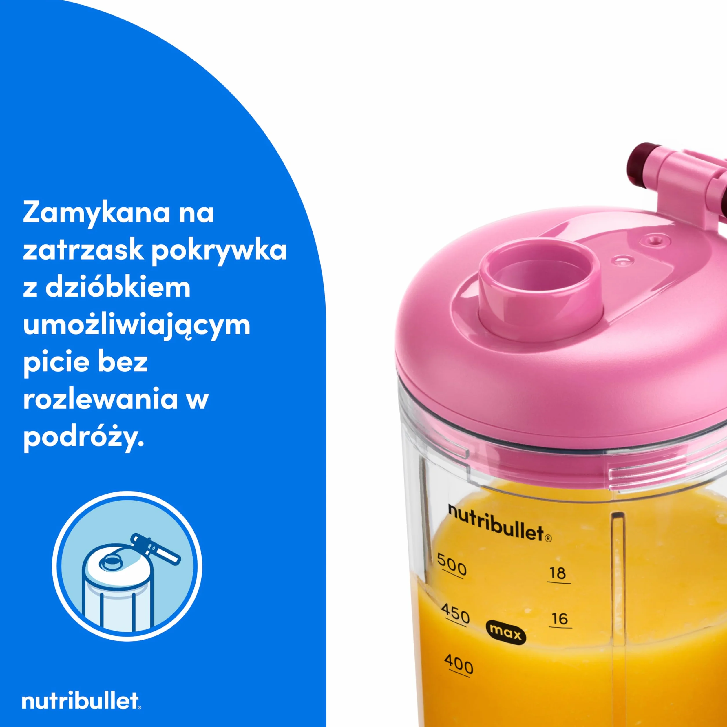 Nutribullet Flex 650 ml, Przenośny Blender z Pokrywą do Popijania, Odłączane Ostrza, Ładowanie USB-C, Kruszenie Lodu i Mrożonych Owoców, Blender Turystyczny z Kubkiem Wolnym od BPA, NBP213MA, Magenta