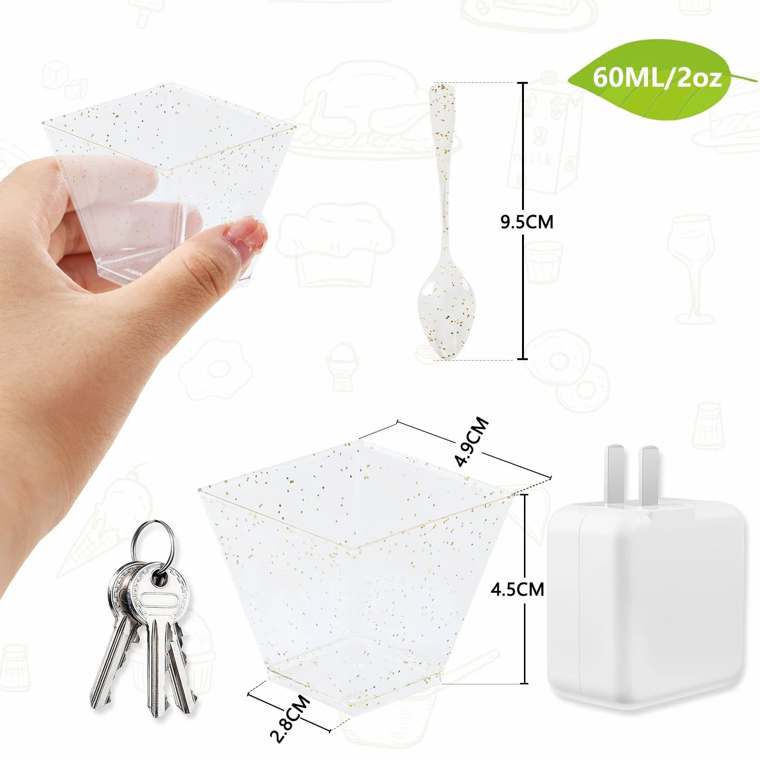 Zestaw 50 plastikowych szklanek deserowych 60 ml z łyżeczkami złote