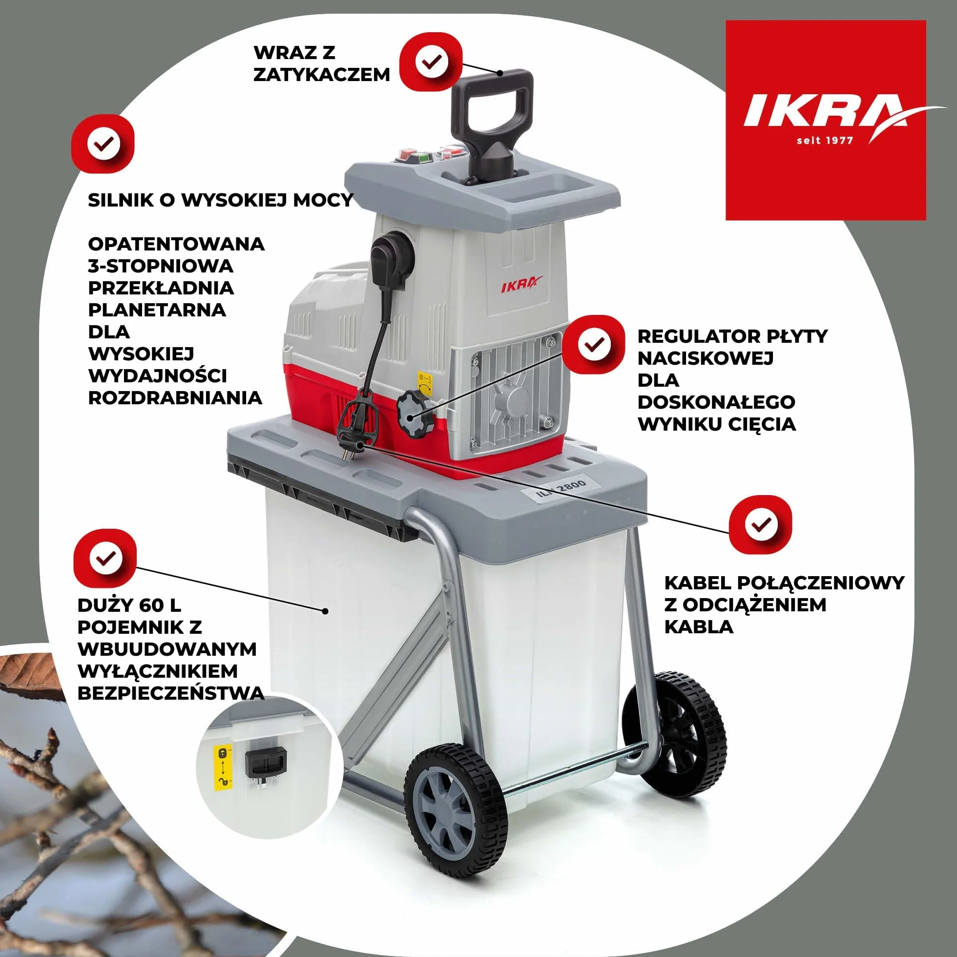 IKRA rozdrabniacz ogrodowy walcowy elektryczna ILH 2800 cicha, wytrzymała i łatwa w konserwacji moc 2800 W grubość gałązki do 44 mm