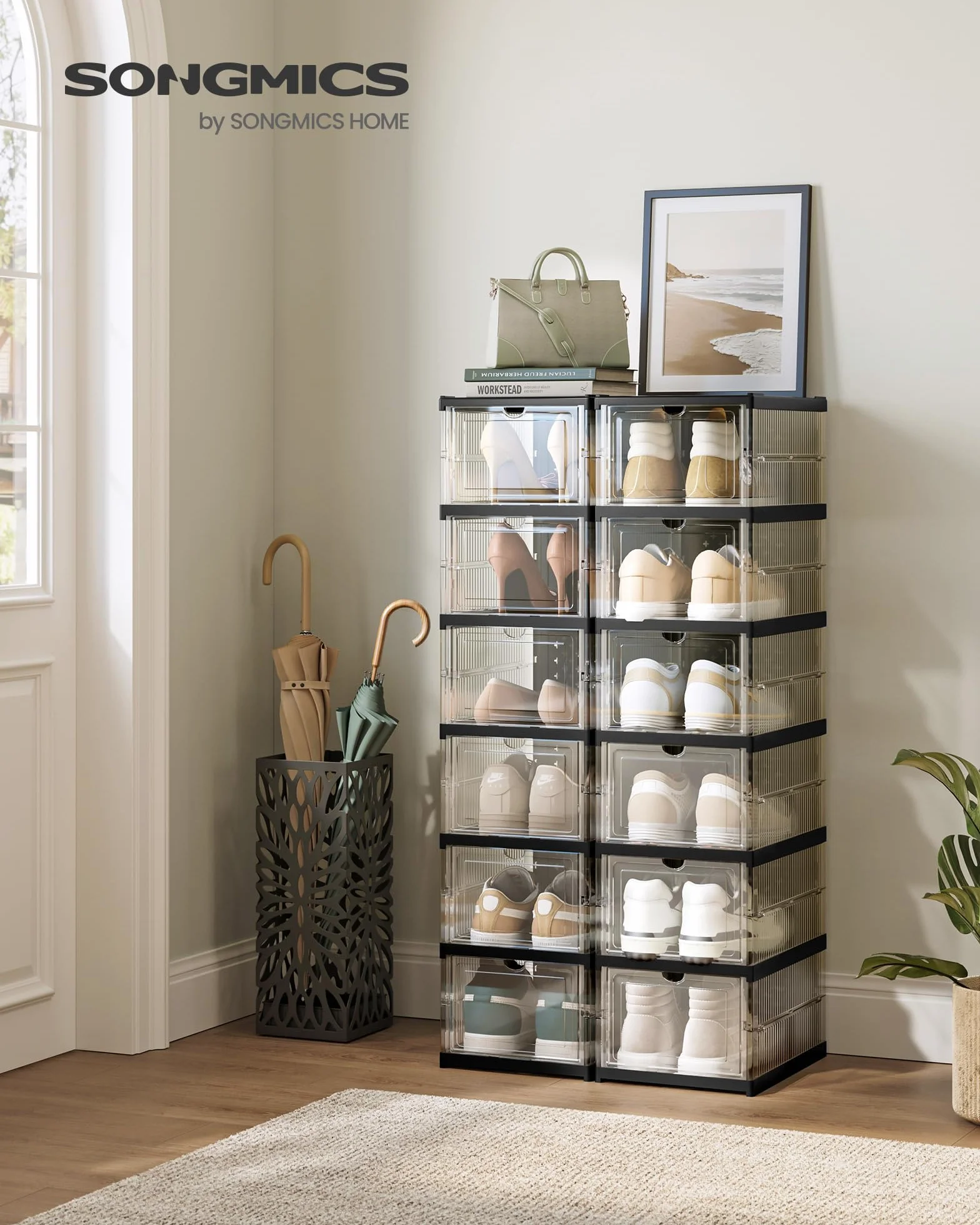 SONGMICS Szafka na buty, 2 sztuki, z 12 pudełkami na buty, zintegrowany organizer na buty, składana, przenośna, na buty do rozmiaru 46, montaż w 1 minutę, przezroczysty tusz czarny LSP206B01