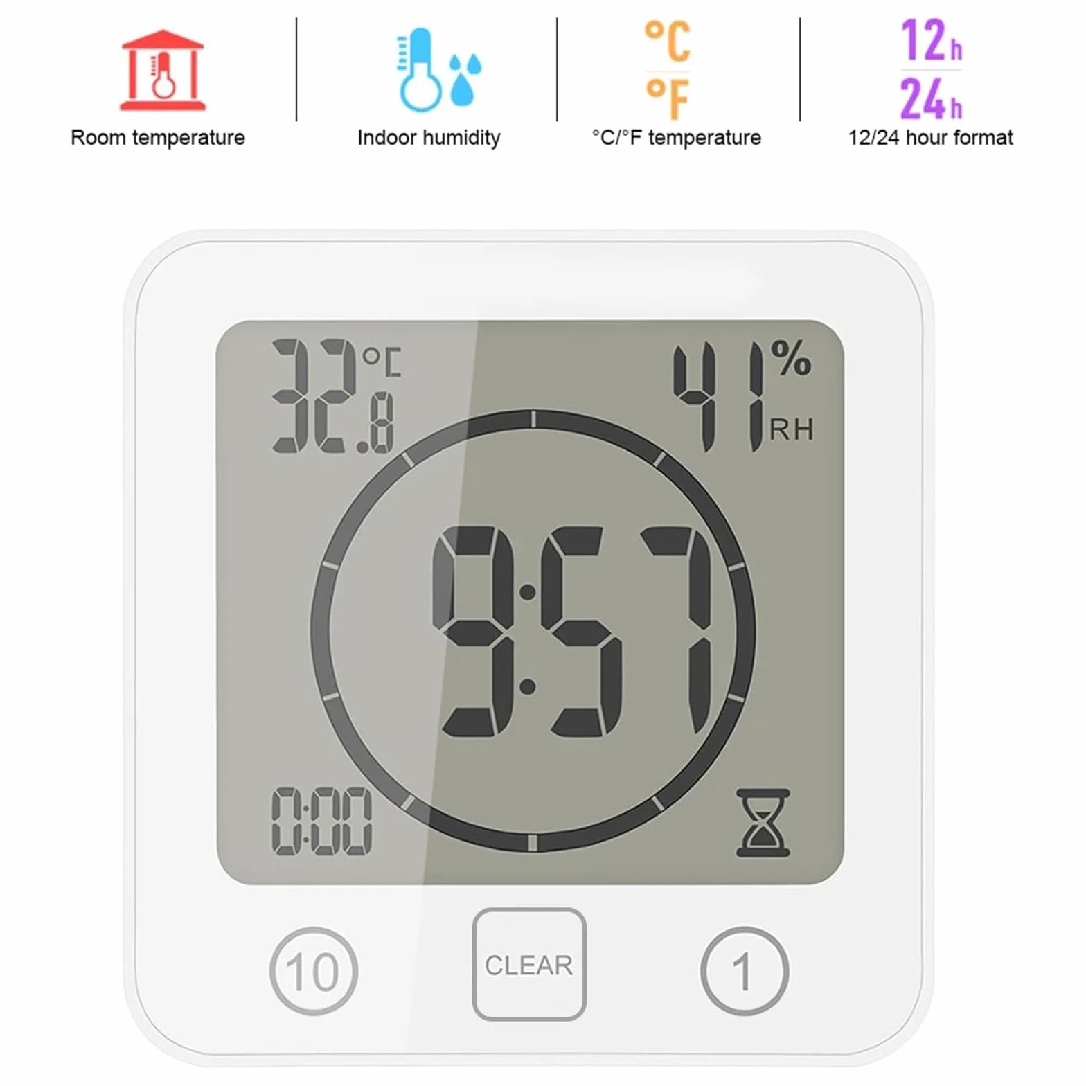 OurLeeme Codzienny wodoszczelny zegarek pod prysznic, budzik z dużym wyświetlaczem LCD, wskaźnik wilgotności powietrza, temperatury, sterowanie timerem, zegar odliczający do domu, kuchni, łazienki