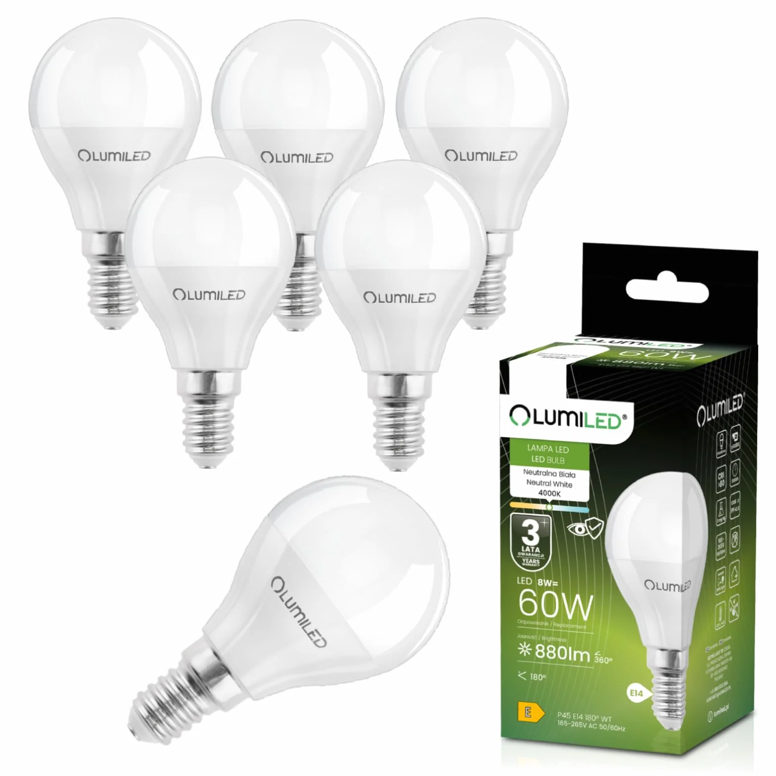 Lumiled Żarówka LED E14 P45 8W 880lm 4000K Neutralna Biel 180° Zamiennik 60W Nieściemnialna Kształt małej kropli Energooszczędna Zestaw 6 szt.