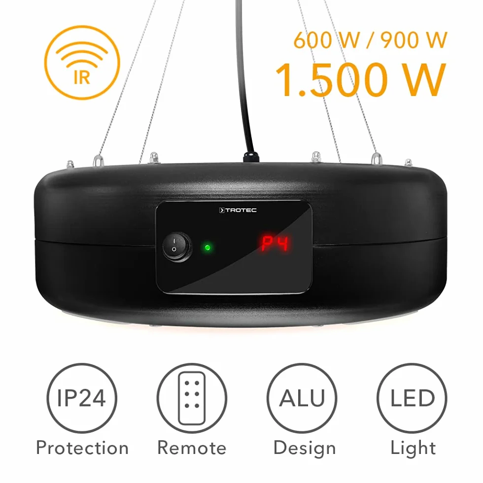 TROTEC Promiennik podczerwieni IR 1550 SC – moc grzewcza 600 W / 900 W / 1500 W – promiennik sufitowy do patio, inkl. Fernbedienung, oświetlenie LED
