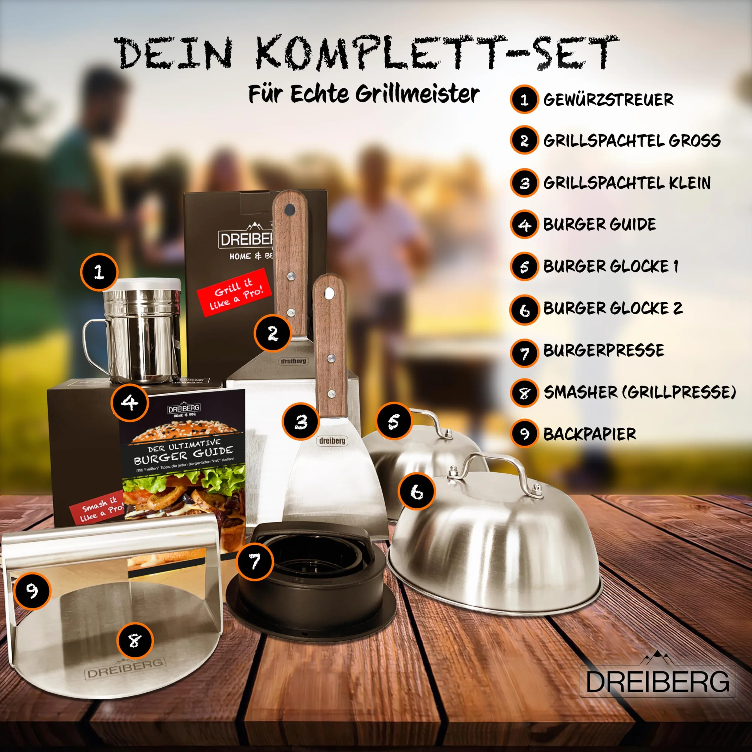 DREIBERG Zestaw burgerów z drewna bukowego i stali nierdzewnej do planchy, grilla gazowego, teppanyaki wraz z zestawem szpachli do grilla, papier do burgerów, dzwonków do wytapiania, prasy do grilla