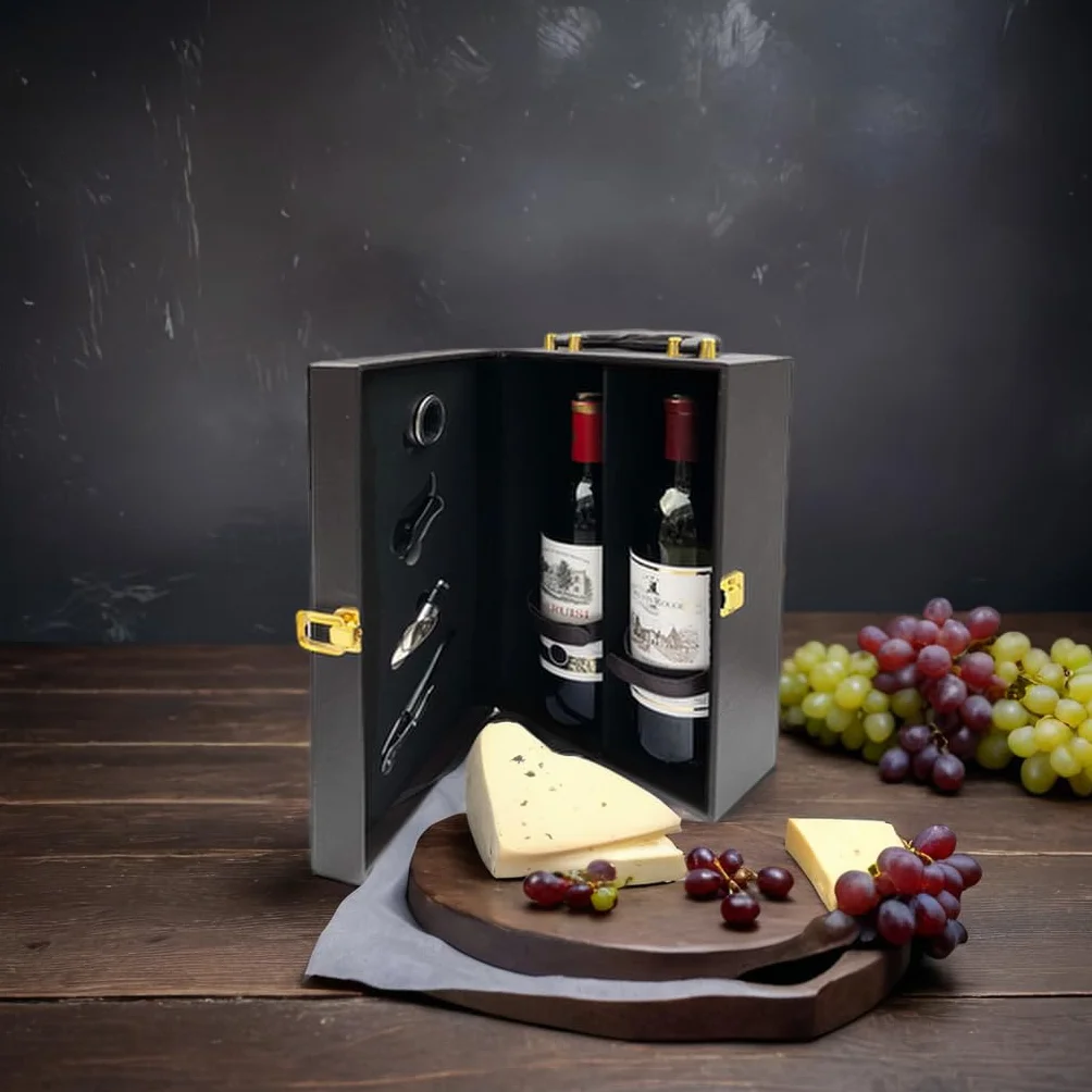 Eleganckie pudełko na wino z 2 butelkami czarne skórzane z uchwytem korek nalewacz nóż do folii serwetka