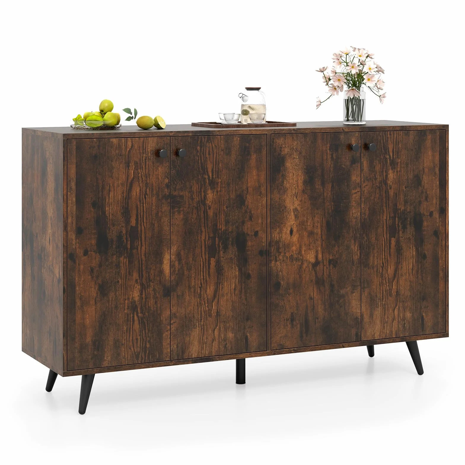 COSTWAY kredens drewniany, komoda z 4 drzwiami i 5-stopniowo regulowanymi półkami, szafka kuchenna, szafka vintage, do salonu, kuchni, jadalni, 127,5 x 38 x 80 cm (brązowy)