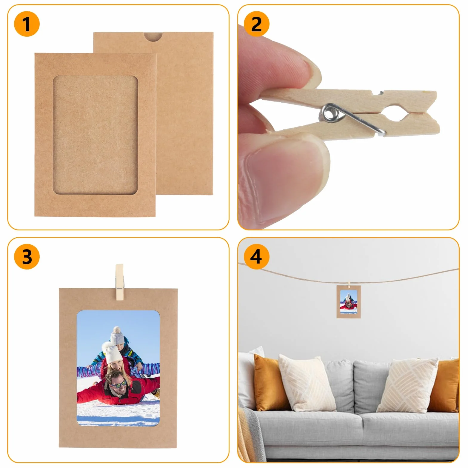 30 szt. papierowych ramek na zdjęcia, z papieru typu kraftowego, 15,2 x 11,5 cm, kartonowa ramka na zdjęcia do majsterkowania, girlanda do zawieszenia z drewnianymi klamerkami i liną konopną do